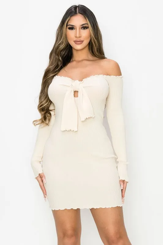 CHIC N COMFY RIB KNIT OFF SHOULDER FRONT-TIE DRESS