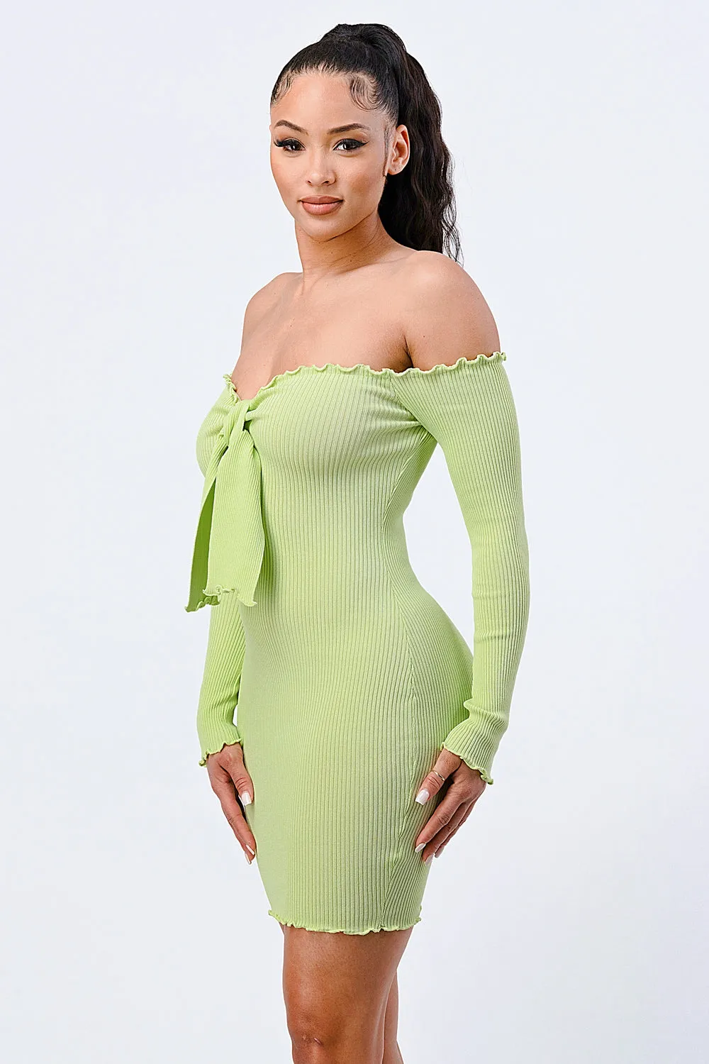 CHIC N COMFY RIB KNIT OFF SHOULDER FRONT-TIE DRESS
