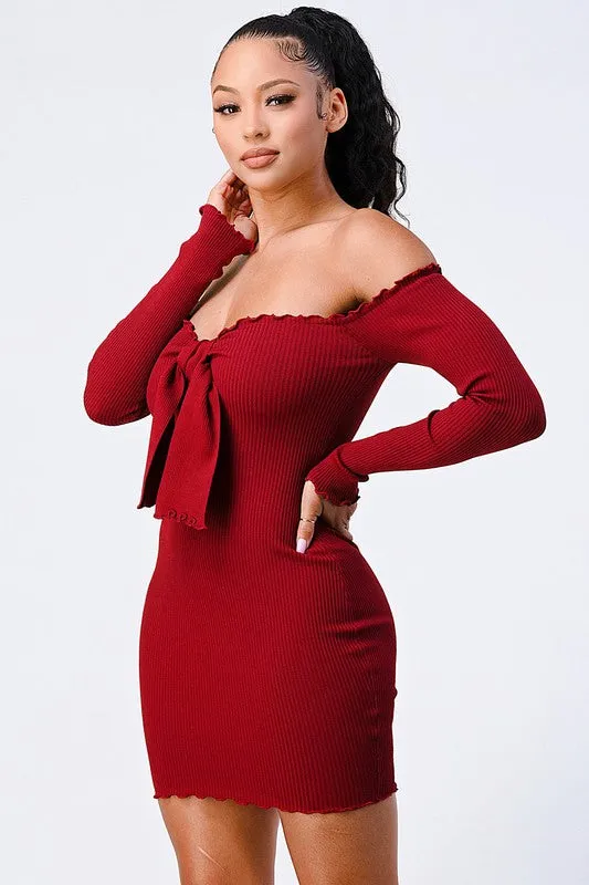 CHIC N COMFY RIB KNIT OFF SHOULDER FRONT-TIE DRESS