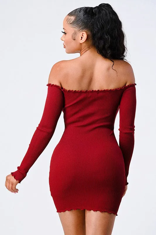CHIC N COMFY RIB KNIT OFF SHOULDER FRONT-TIE DRESS