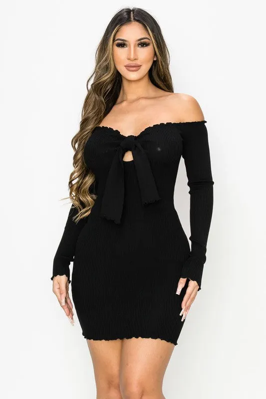 CHIC N COMFY RIB KNIT OFF SHOULDER FRONT-TIE DRESS