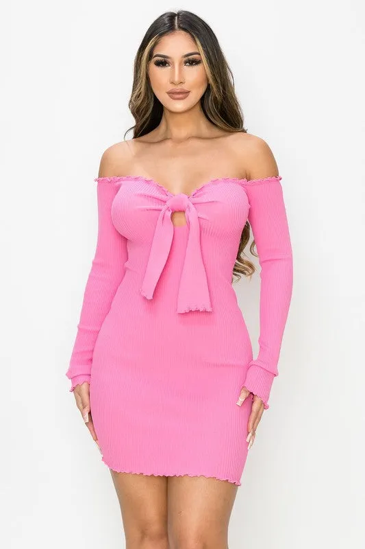 CHIC N COMFY RIB KNIT OFF SHOULDER FRONT-TIE DRESS
