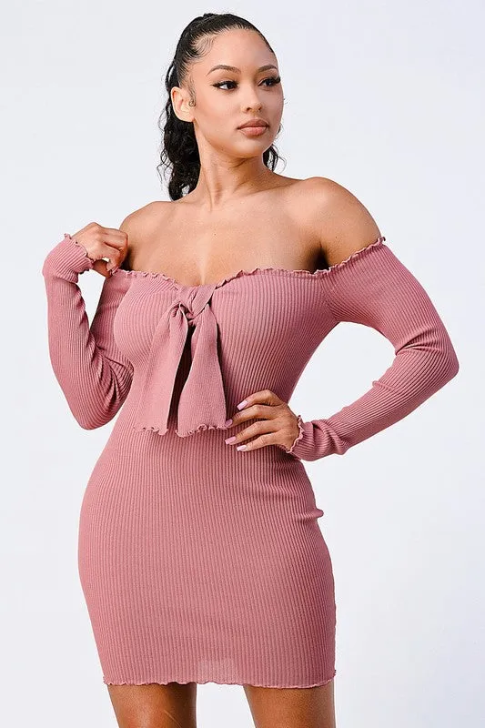 CHIC N COMFY RIB KNIT OFF SHOULDER FRONT-TIE DRESS