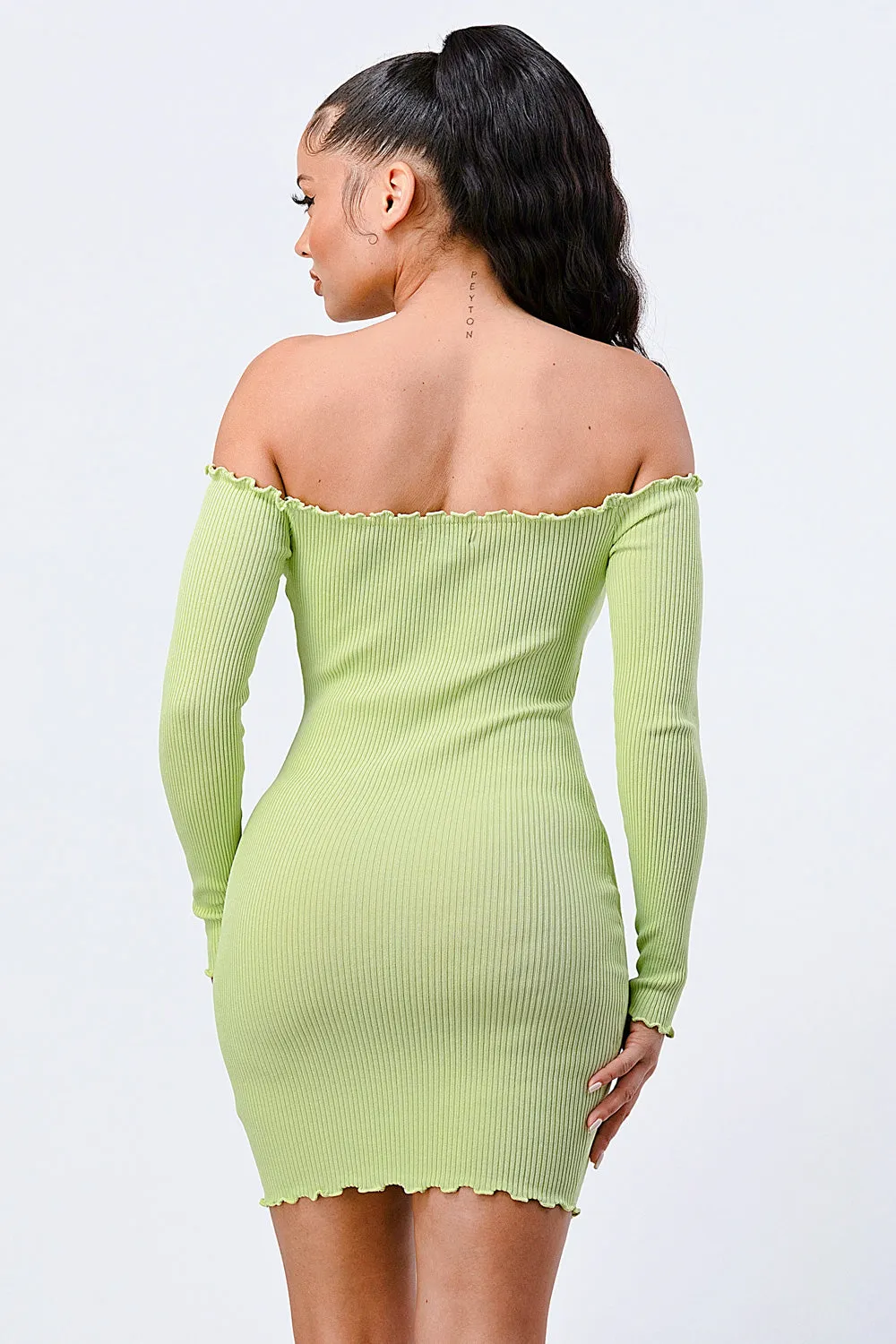 CHIC N COMFY RIB KNIT OFF SHOULDER FRONT-TIE DRESS