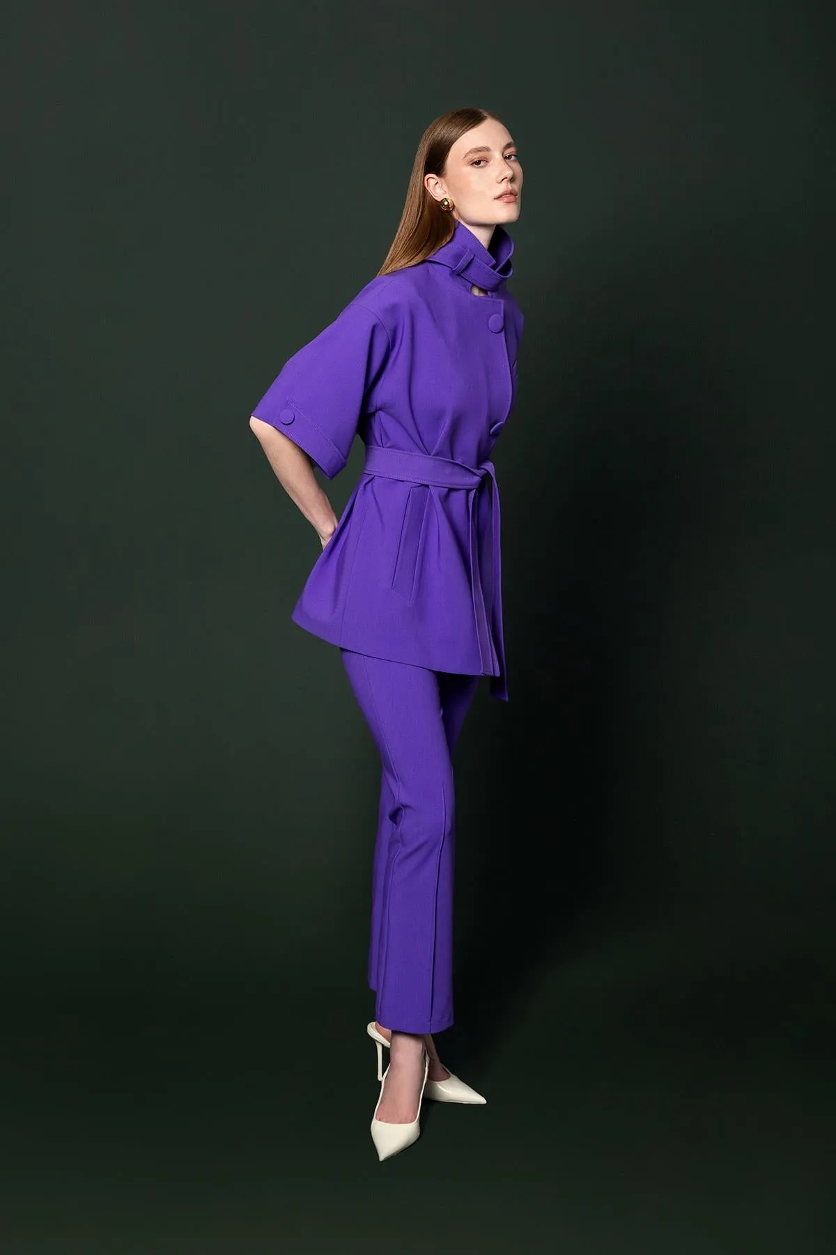 Cigarette Pants Purple with Button Closure