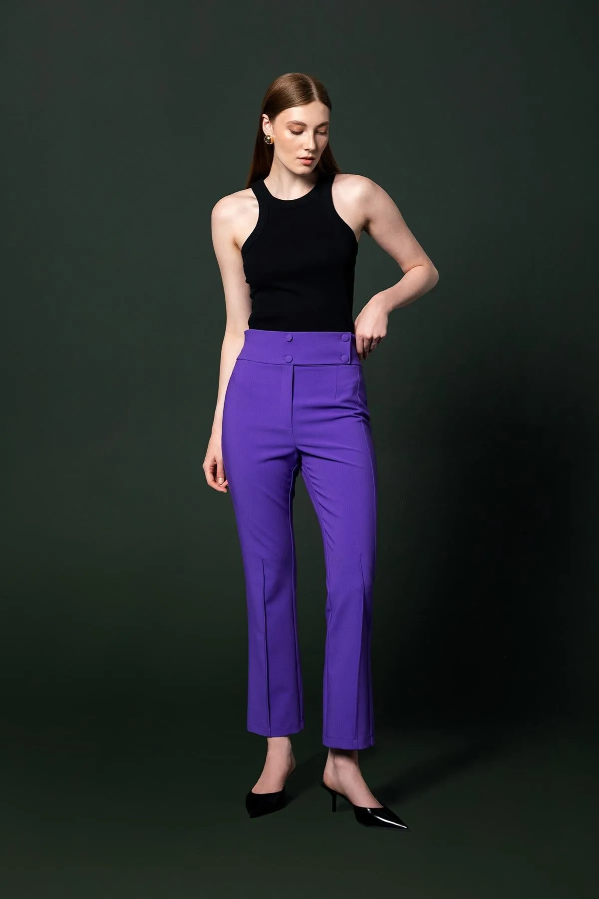 Cigarette Pants Purple with Button Closure