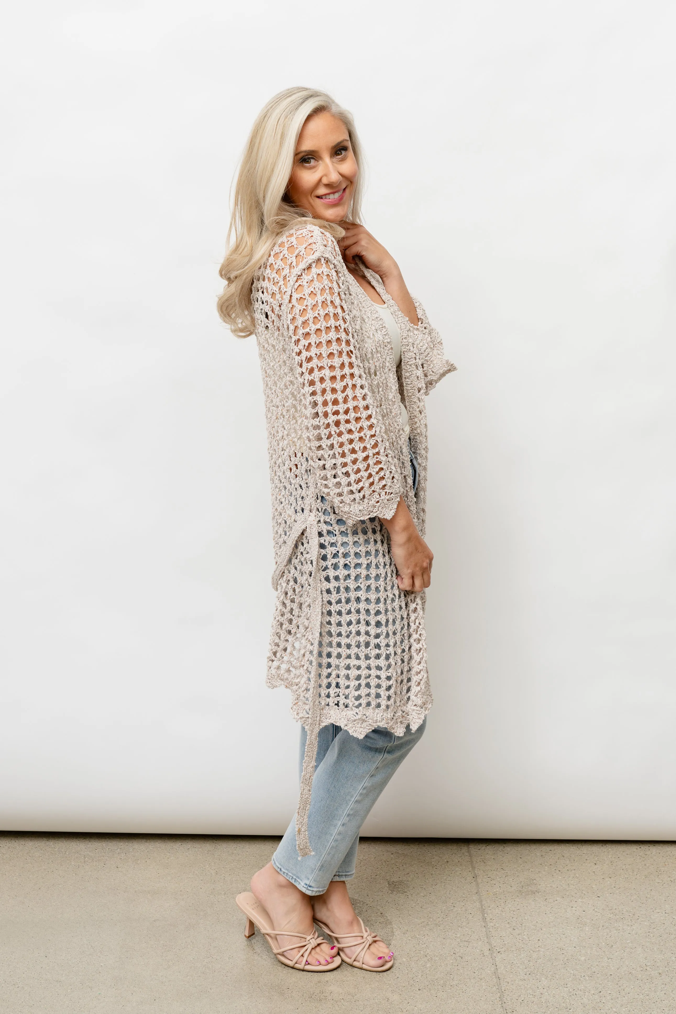 CLARA  CROCHET KNIT CARDIGAN - BEIGE