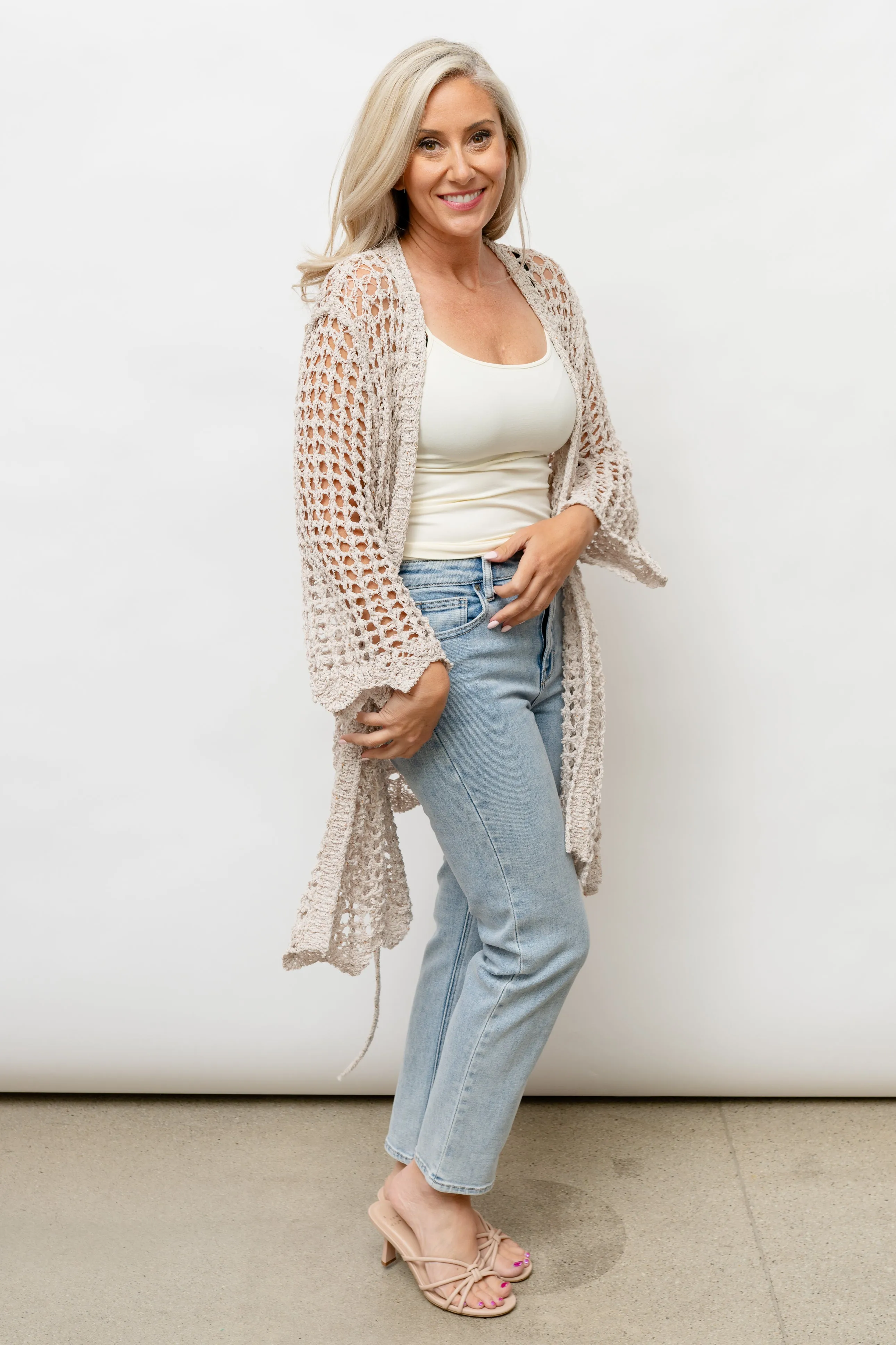 CLARA  CROCHET KNIT CARDIGAN - BEIGE