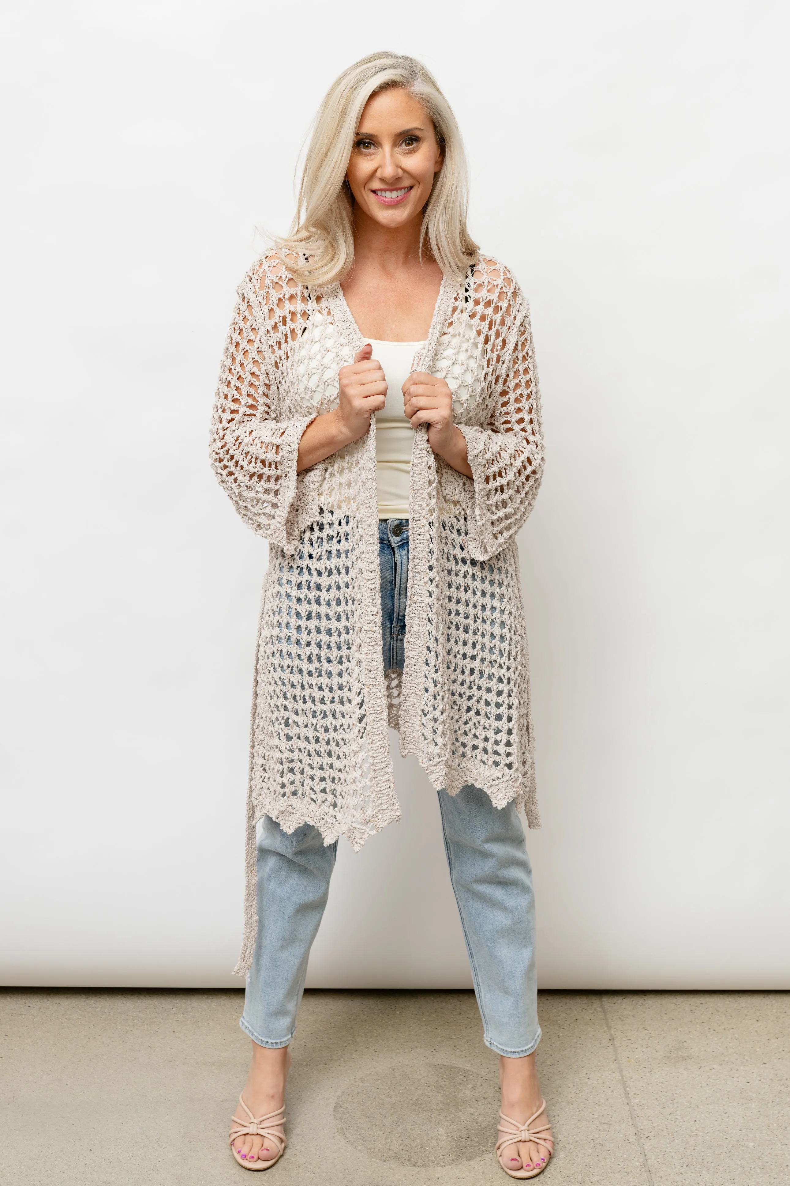 CLARA  CROCHET KNIT CARDIGAN - BEIGE