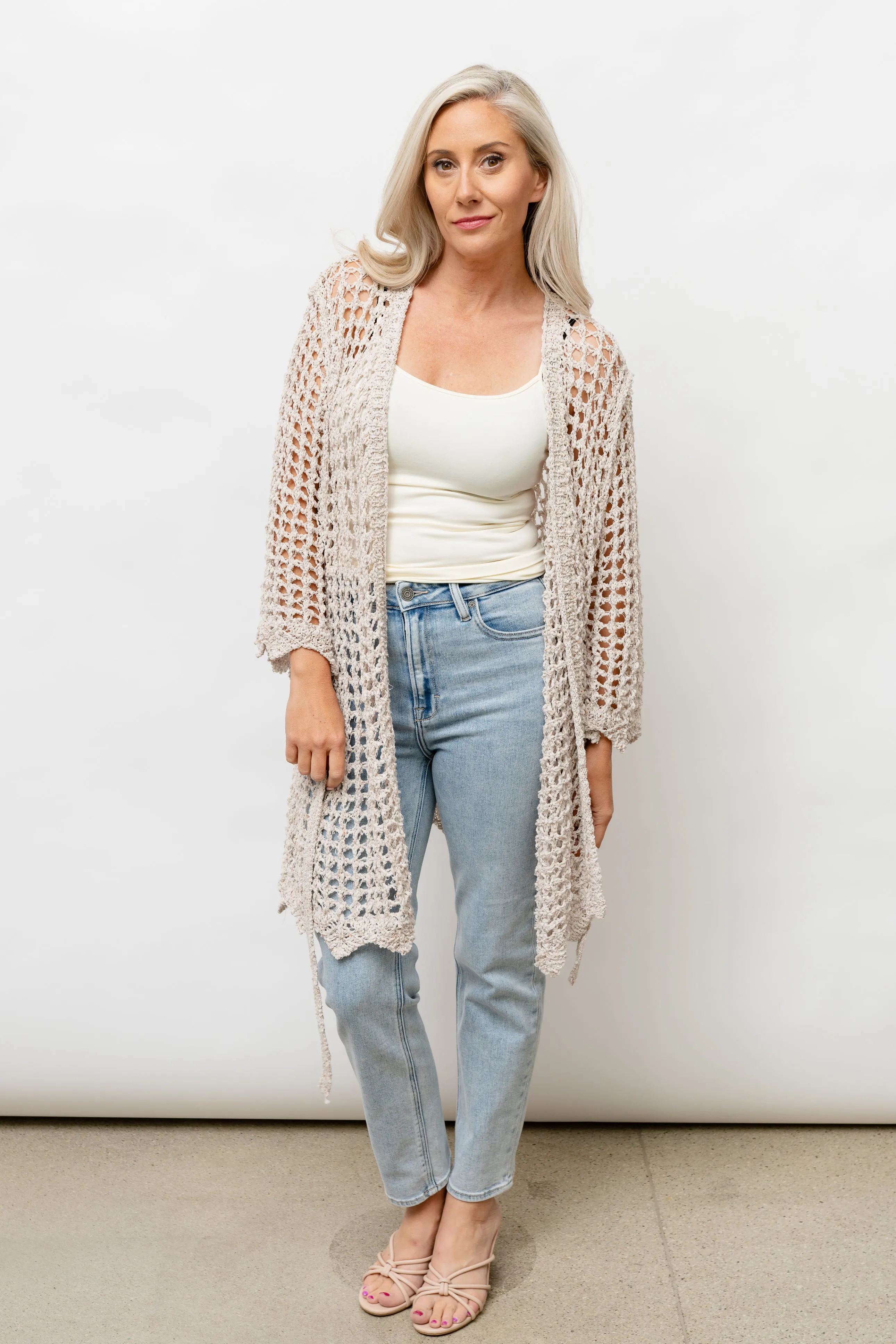 CLARA  CROCHET KNIT CARDIGAN - BEIGE