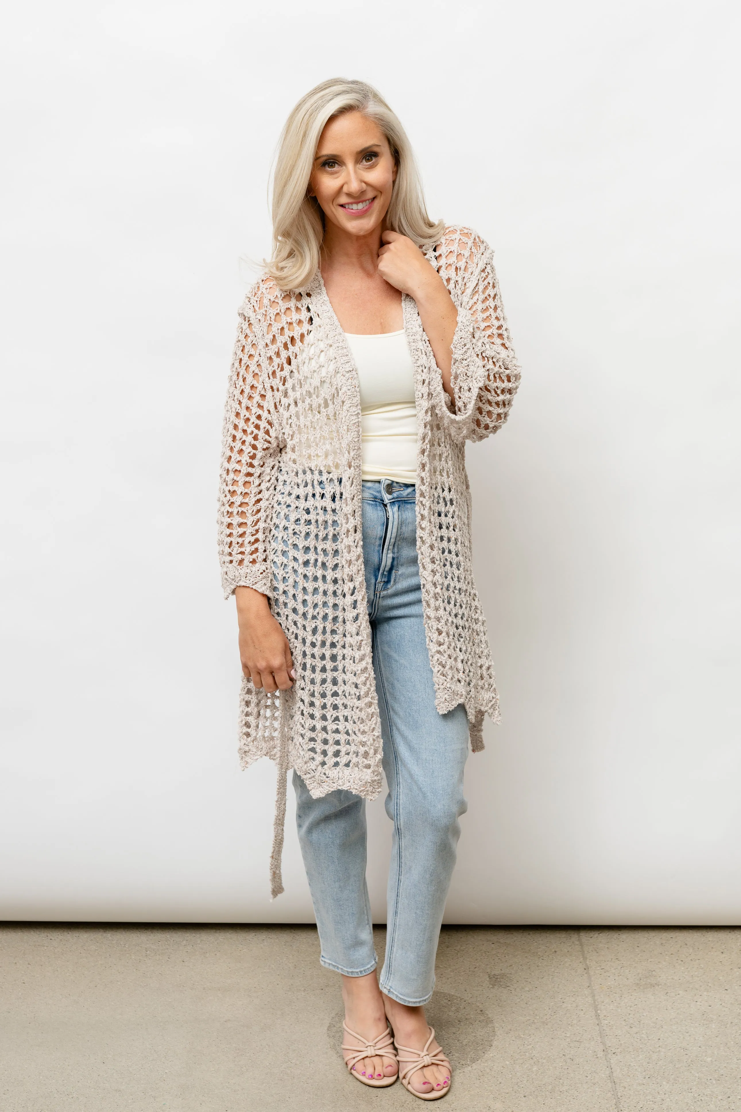 CLARA  CROCHET KNIT CARDIGAN - BEIGE