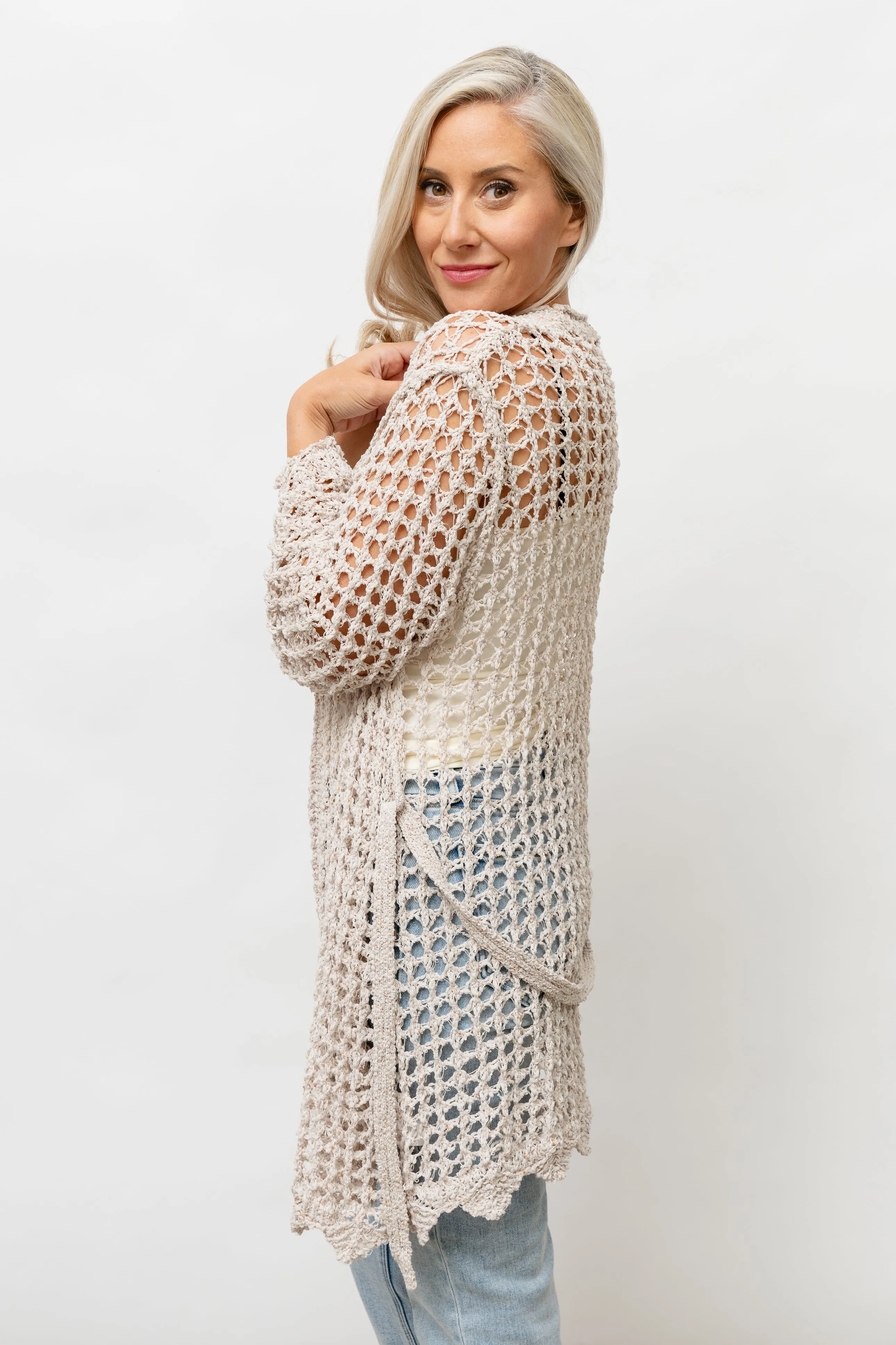 CLARA  CROCHET KNIT CARDIGAN - BEIGE