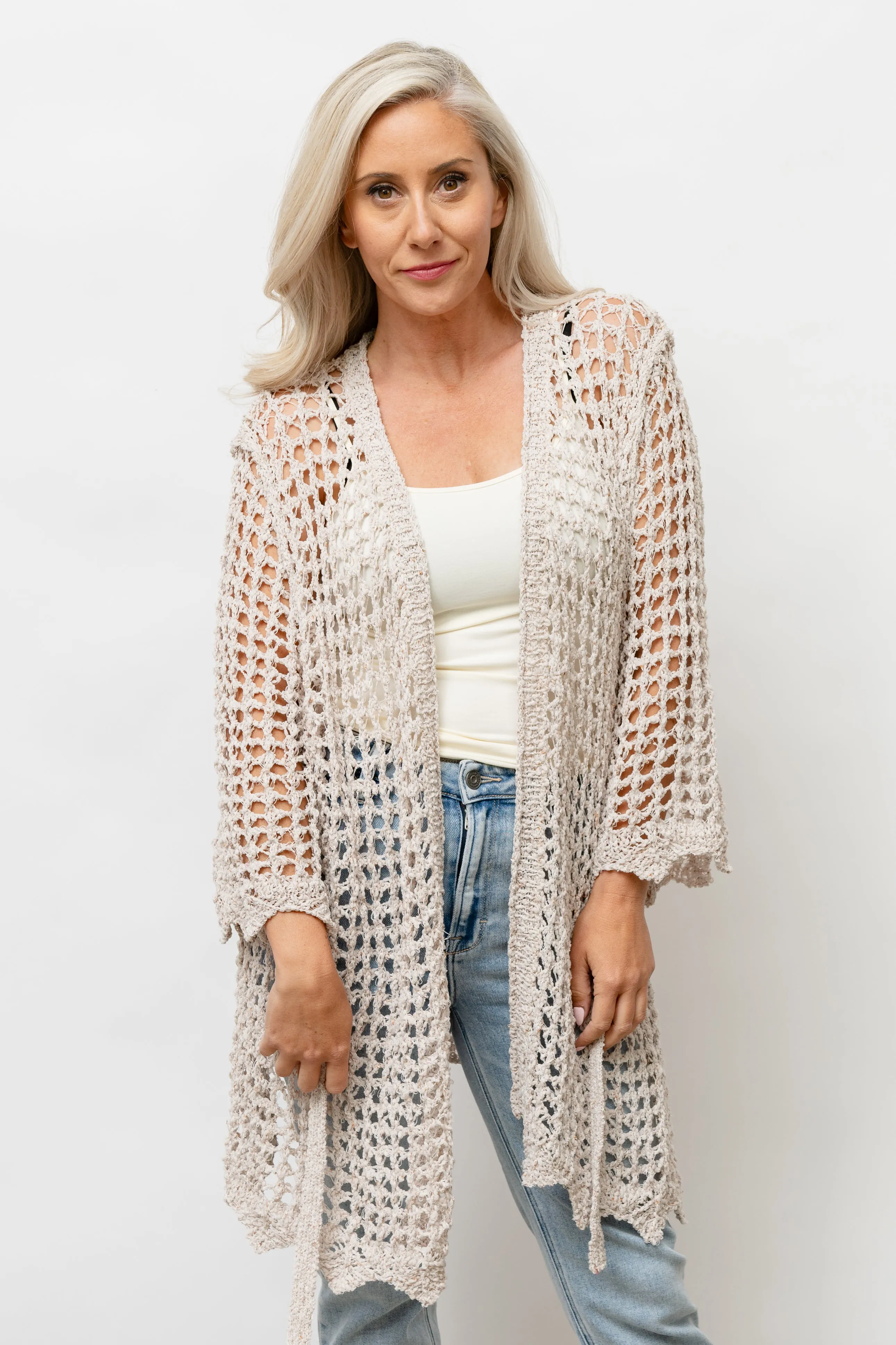 CLARA  CROCHET KNIT CARDIGAN - BEIGE