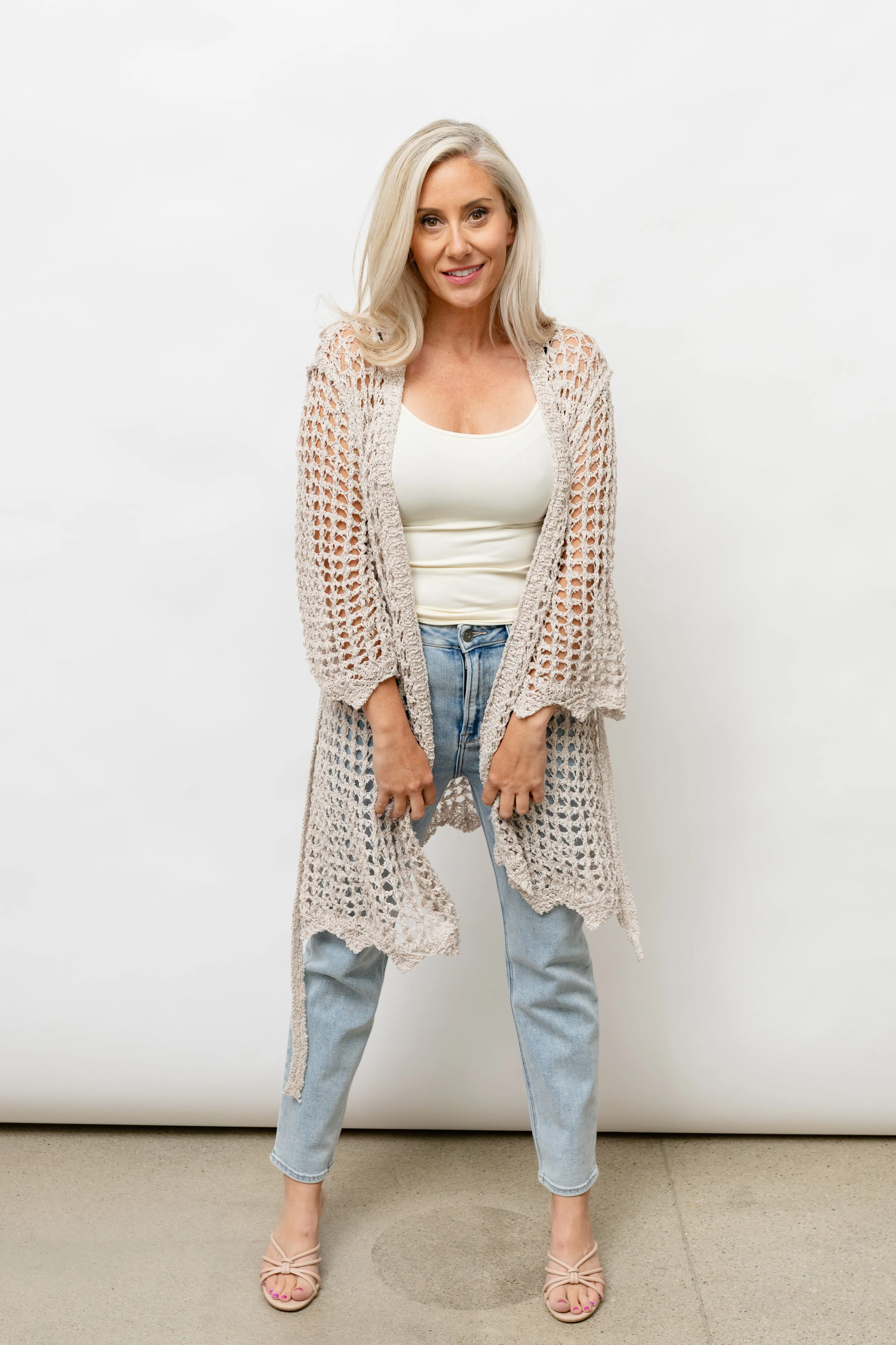 CLARA  CROCHET KNIT CARDIGAN - BEIGE