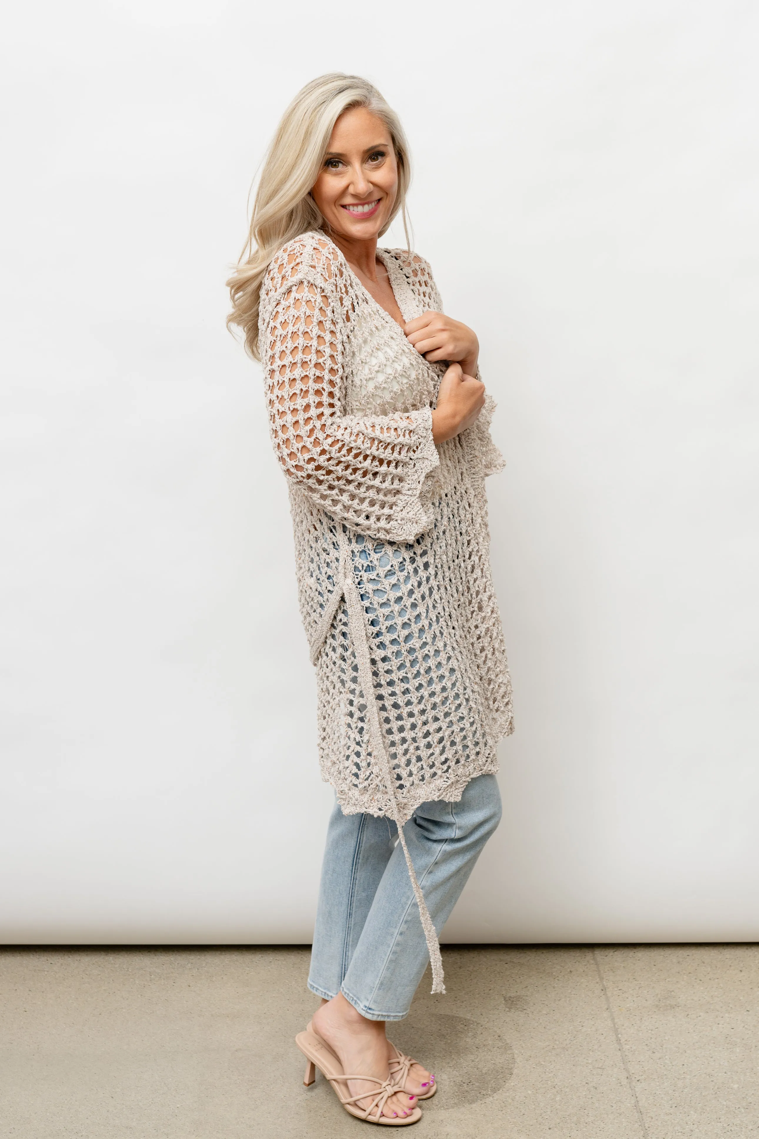 CLARA  CROCHET KNIT CARDIGAN - BEIGE