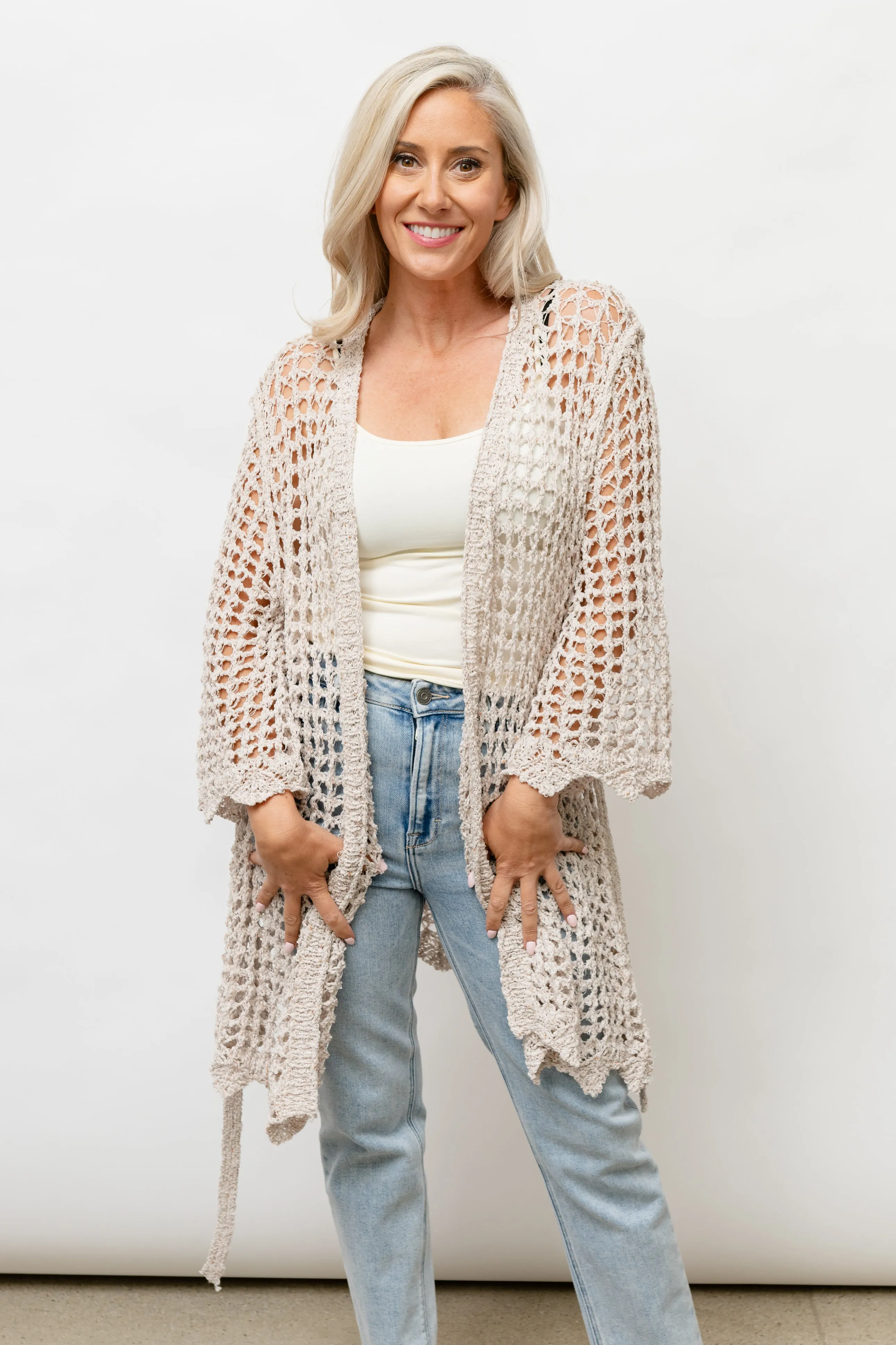 CLARA  CROCHET KNIT CARDIGAN - BEIGE
