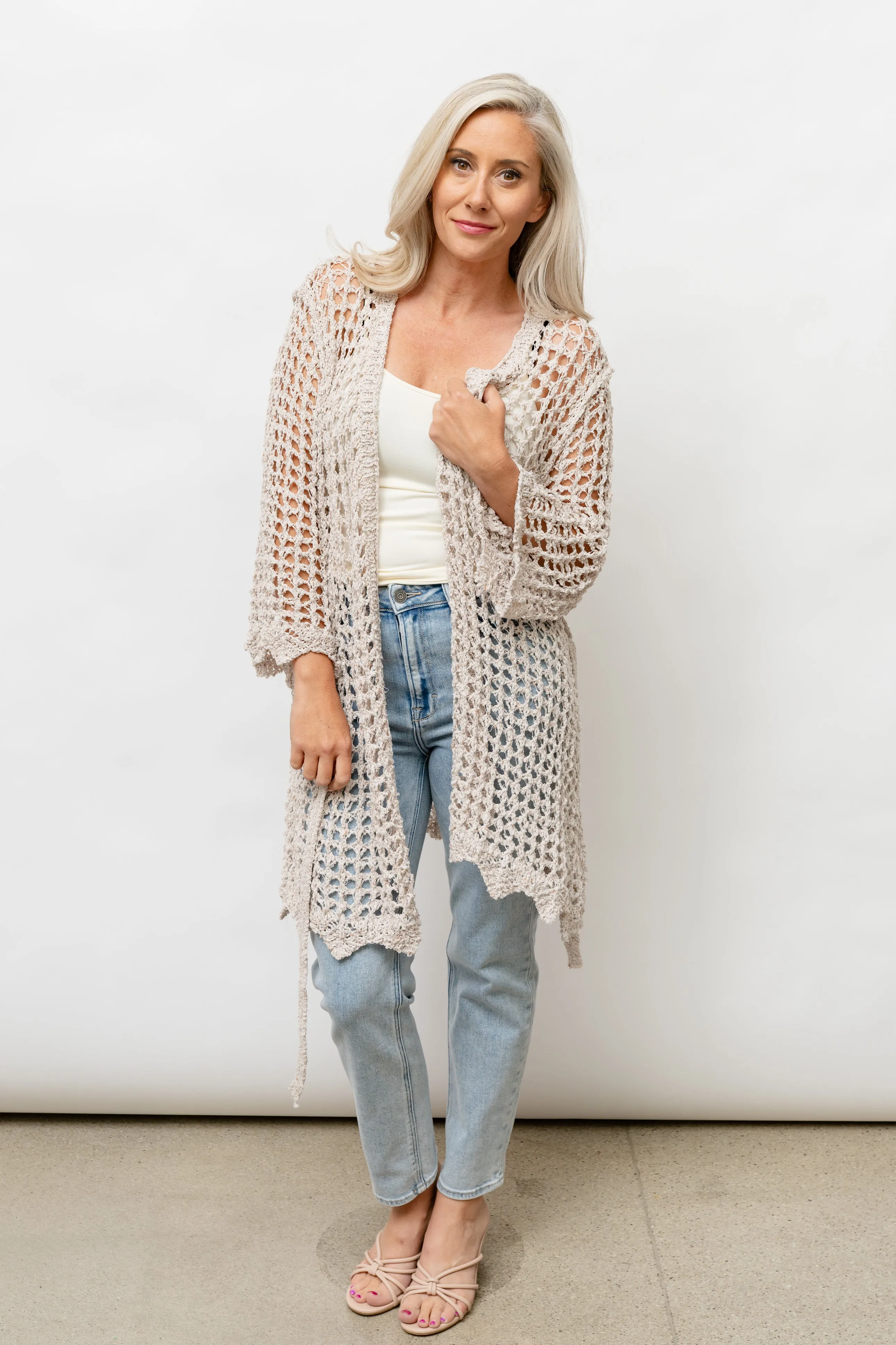CLARA  CROCHET KNIT CARDIGAN - BEIGE