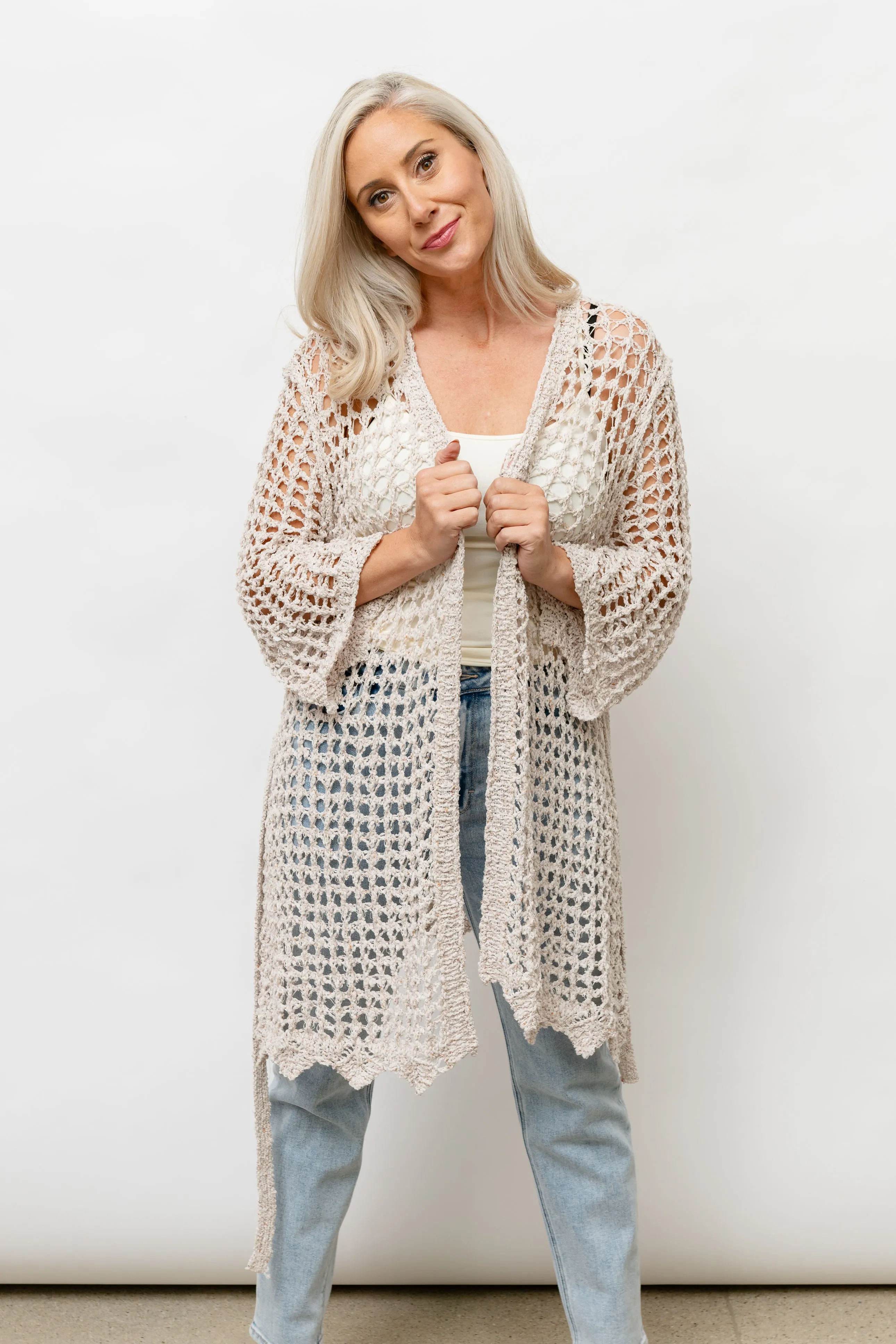 CLARA  CROCHET KNIT CARDIGAN - BEIGE