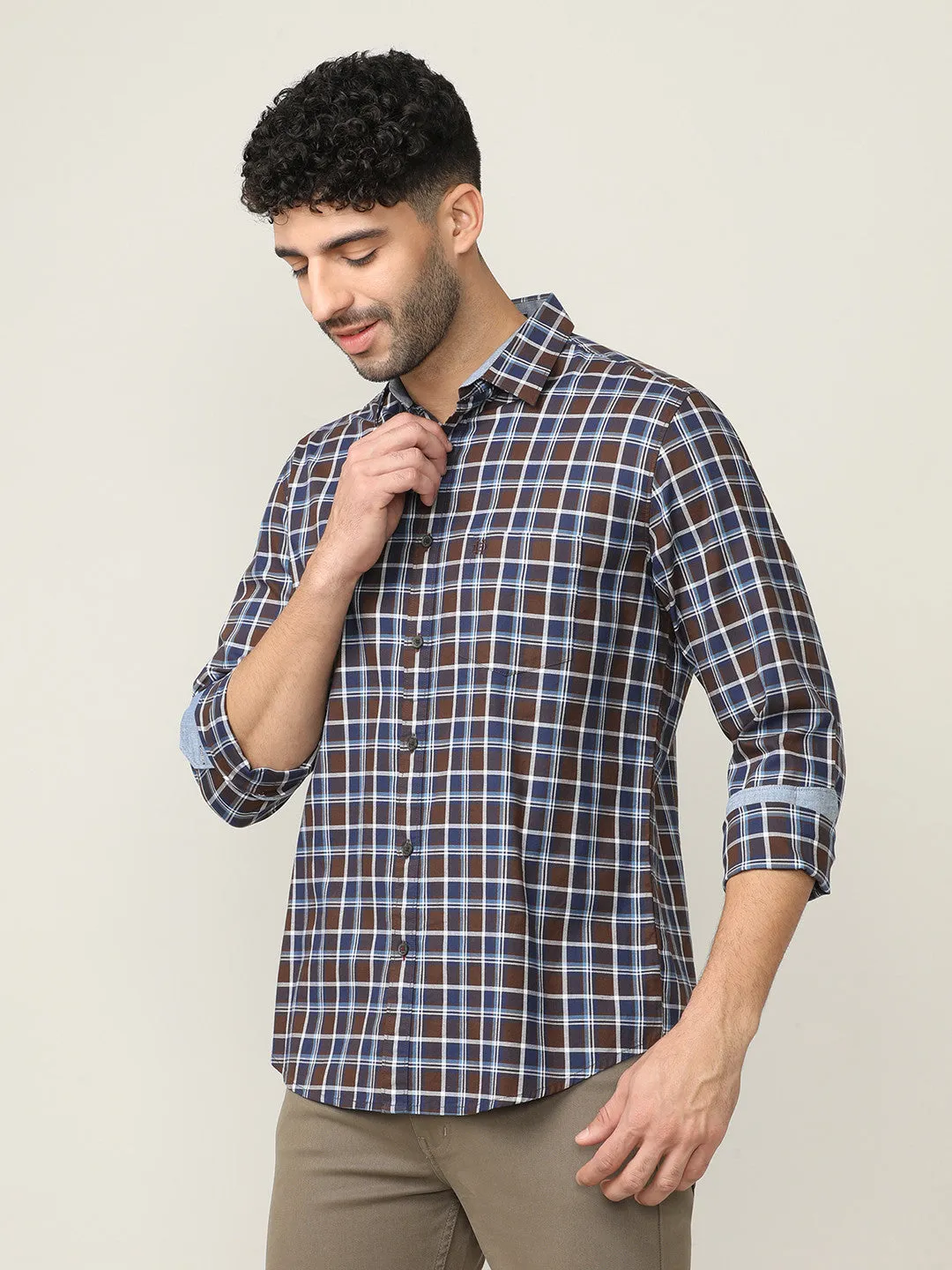 Coffee Brown Oxford Checks Shirt With Pocket