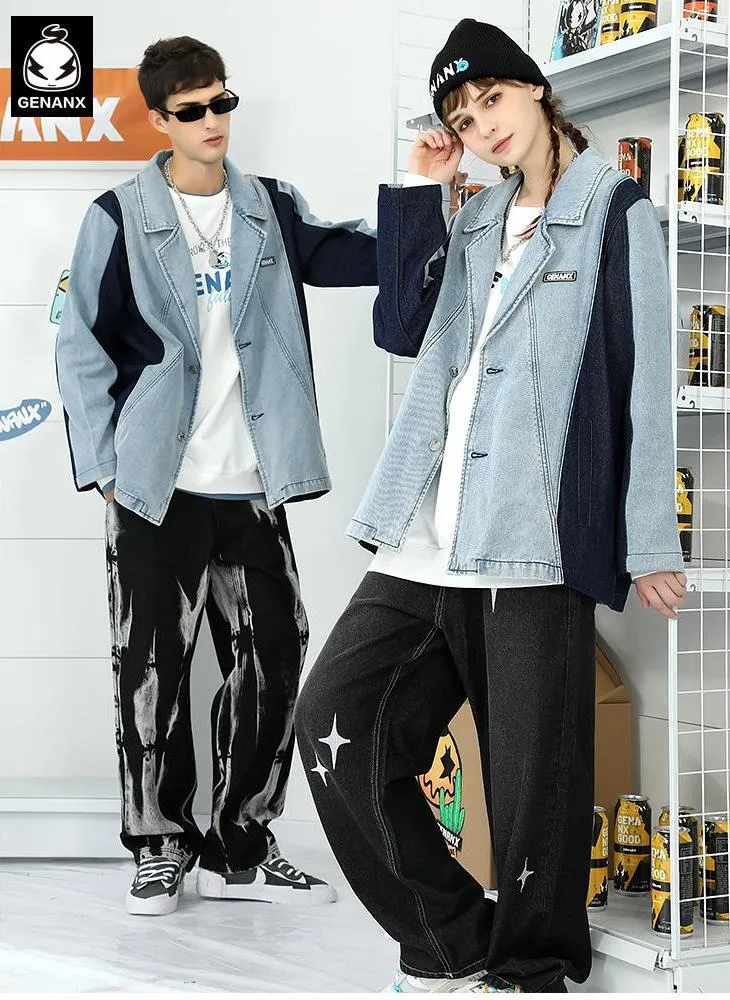 Color Block Patchwork Denim Blazer