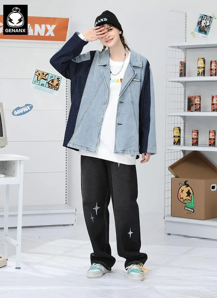 Color Block Patchwork Denim Blazer