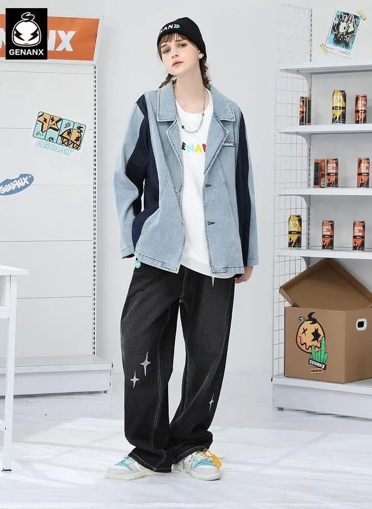 Color Block Patchwork Denim Blazer