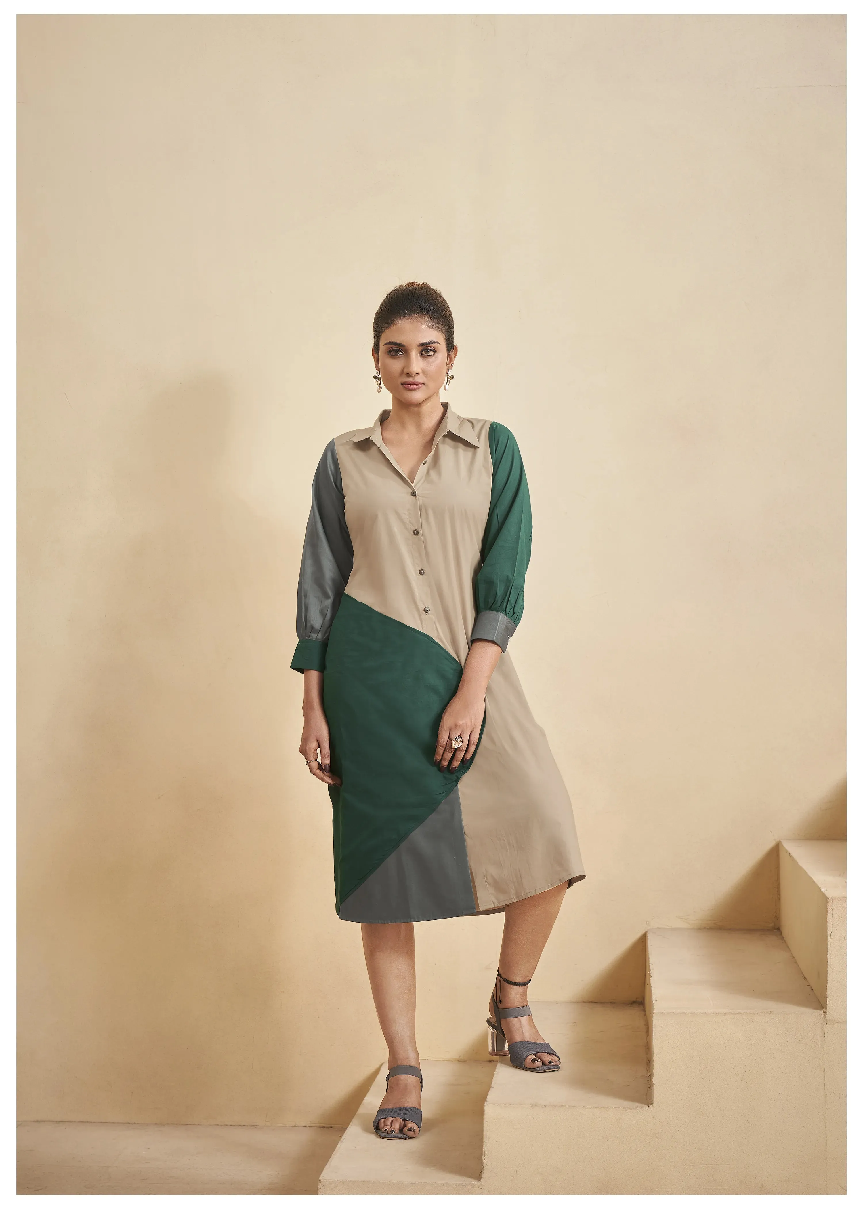 Color-Blocked Green and Beige Cotton Poplin A-Line Dress