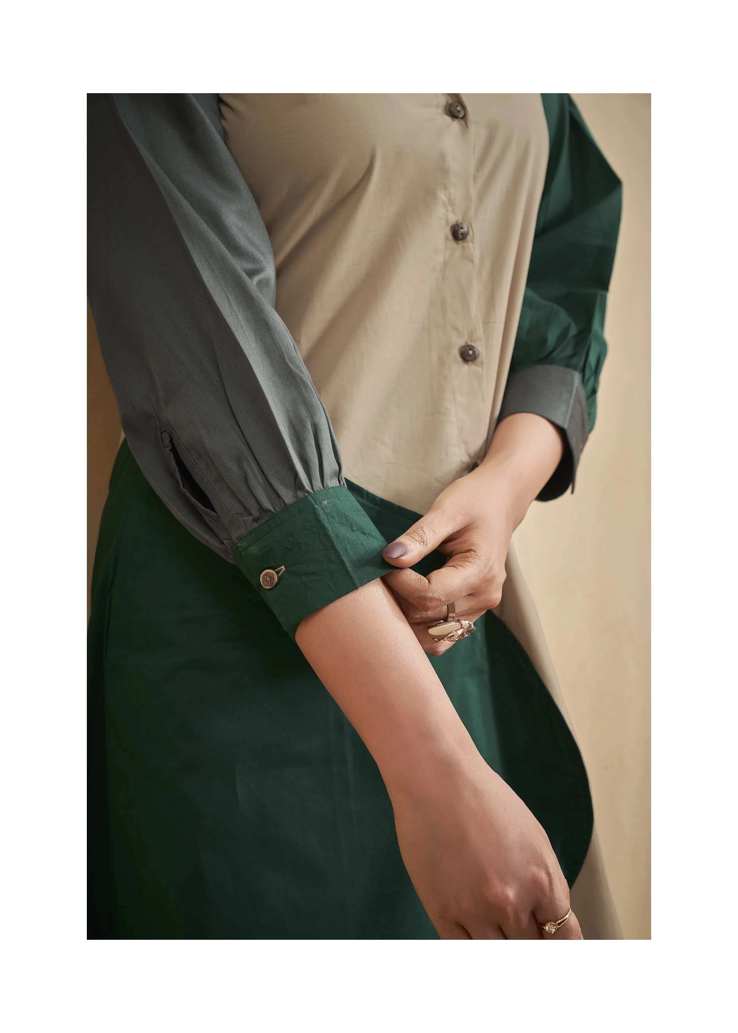 Color-Blocked Green and Beige Cotton Poplin A-Line Dress