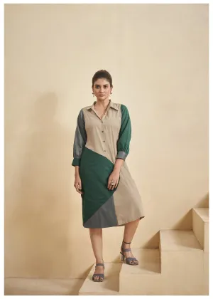 Color-Blocked Green and Beige Cotton Poplin A-Line Dress