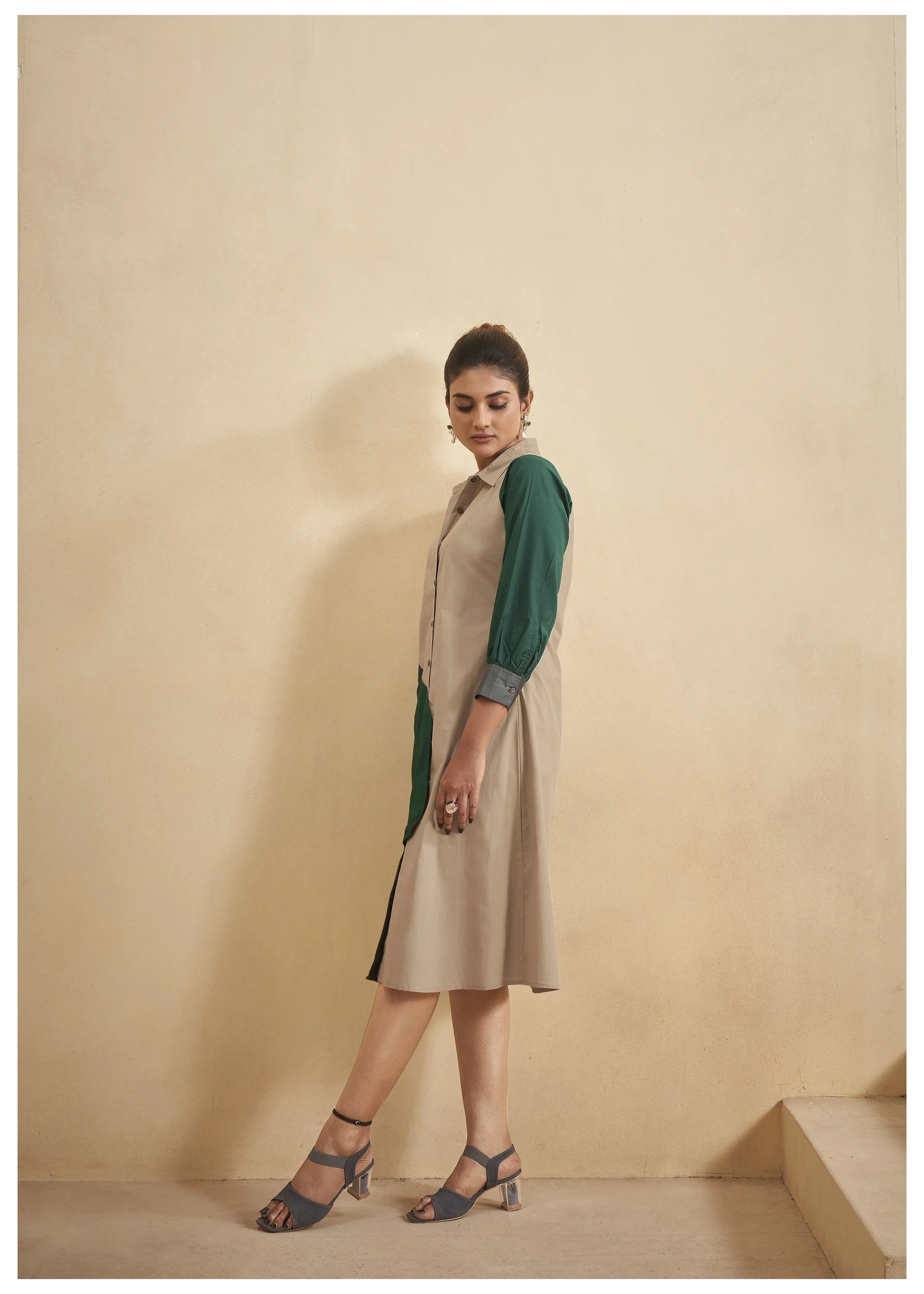 Color-Blocked Green and Beige Cotton Poplin A-Line Dress