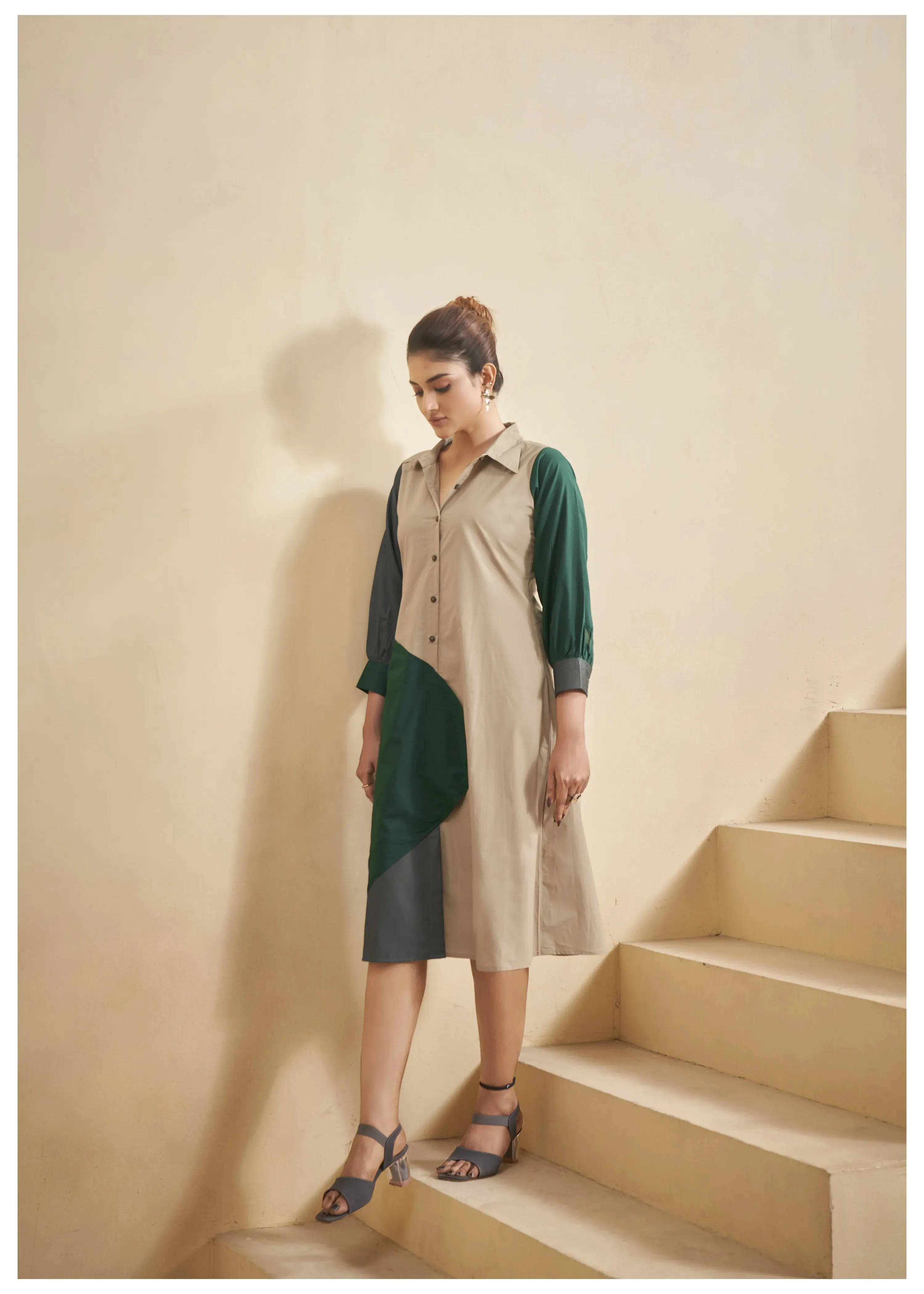 Color-Blocked Green and Beige Cotton Poplin A-Line Dress