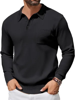 COOFANDY Mens Long Sleeve Polo Sweater Knit Polo Casual Heavyweight Thermal Pullover Sweater with Pocket