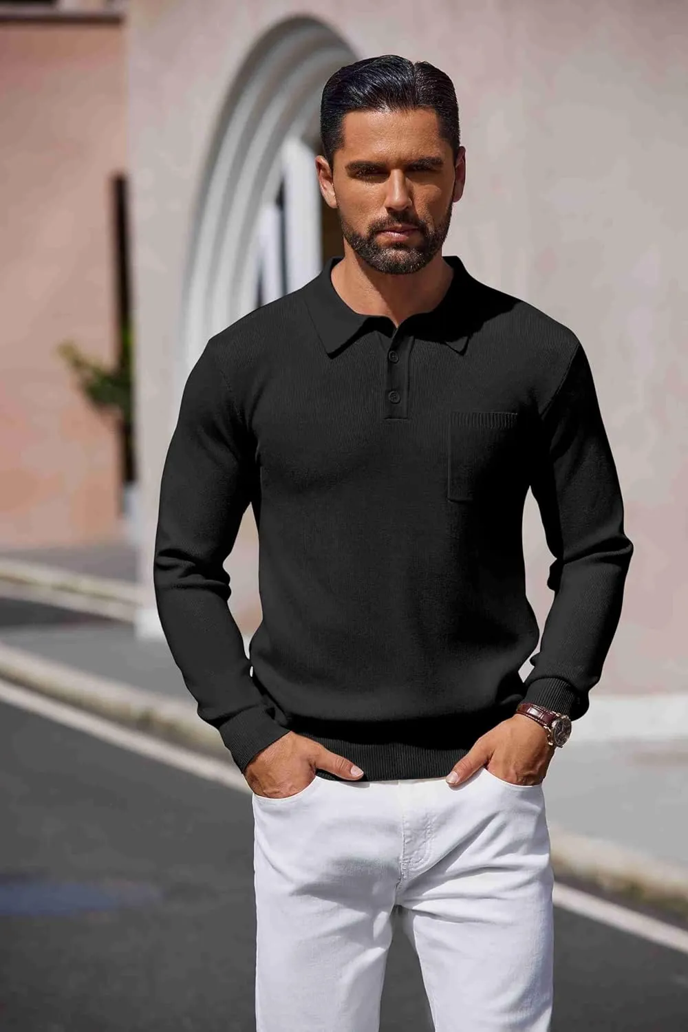 COOFANDY Mens Long Sleeve Polo Sweater Knit Polo Casual Heavyweight Thermal Pullover Sweater with Pocket