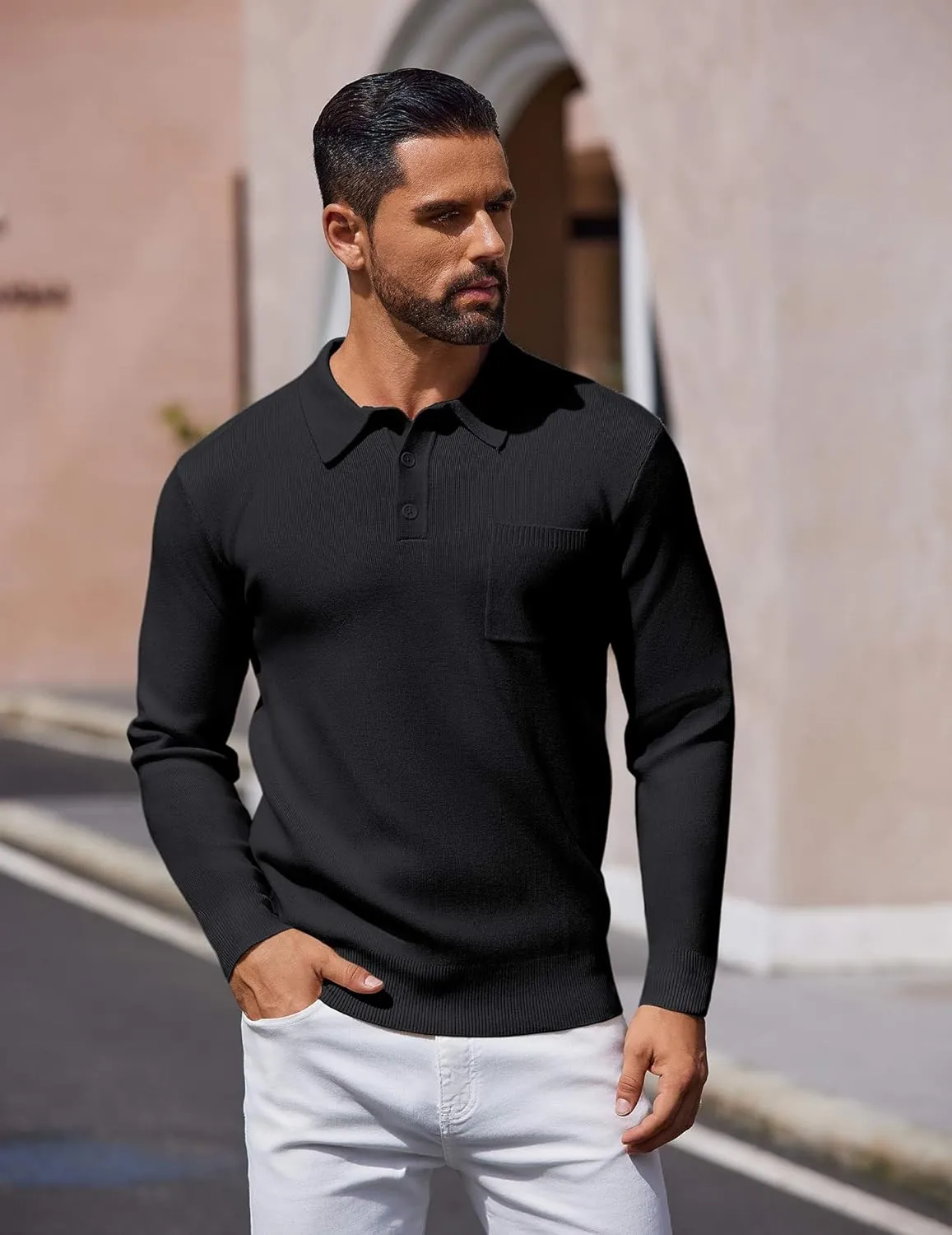 COOFANDY Mens Long Sleeve Polo Sweater Knit Polo Casual Heavyweight Thermal Pullover Sweater with Pocket