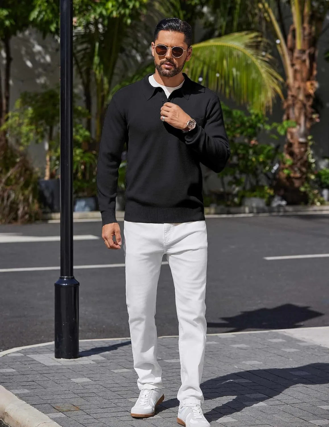 COOFANDY Mens Long Sleeve Polo Sweater Knit Polo Casual Heavyweight Thermal Pullover Sweater with Pocket
