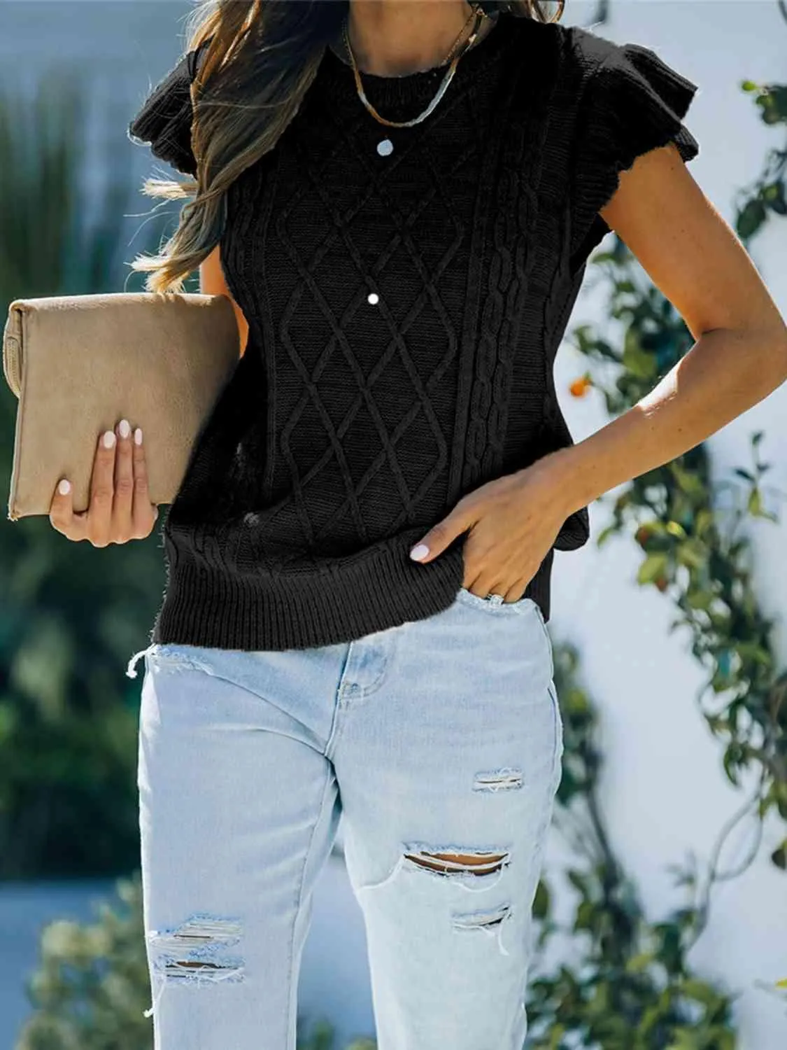 Cozy Saturday Crew Neck Cap Sleeve Knit Top
