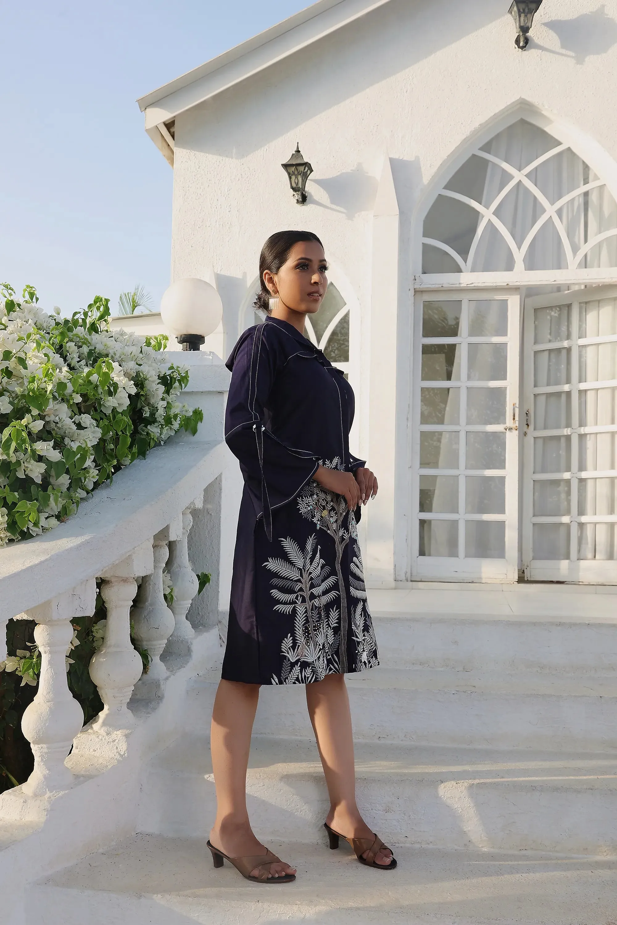 Dark Blue Embroidered A Line Shirt Dress