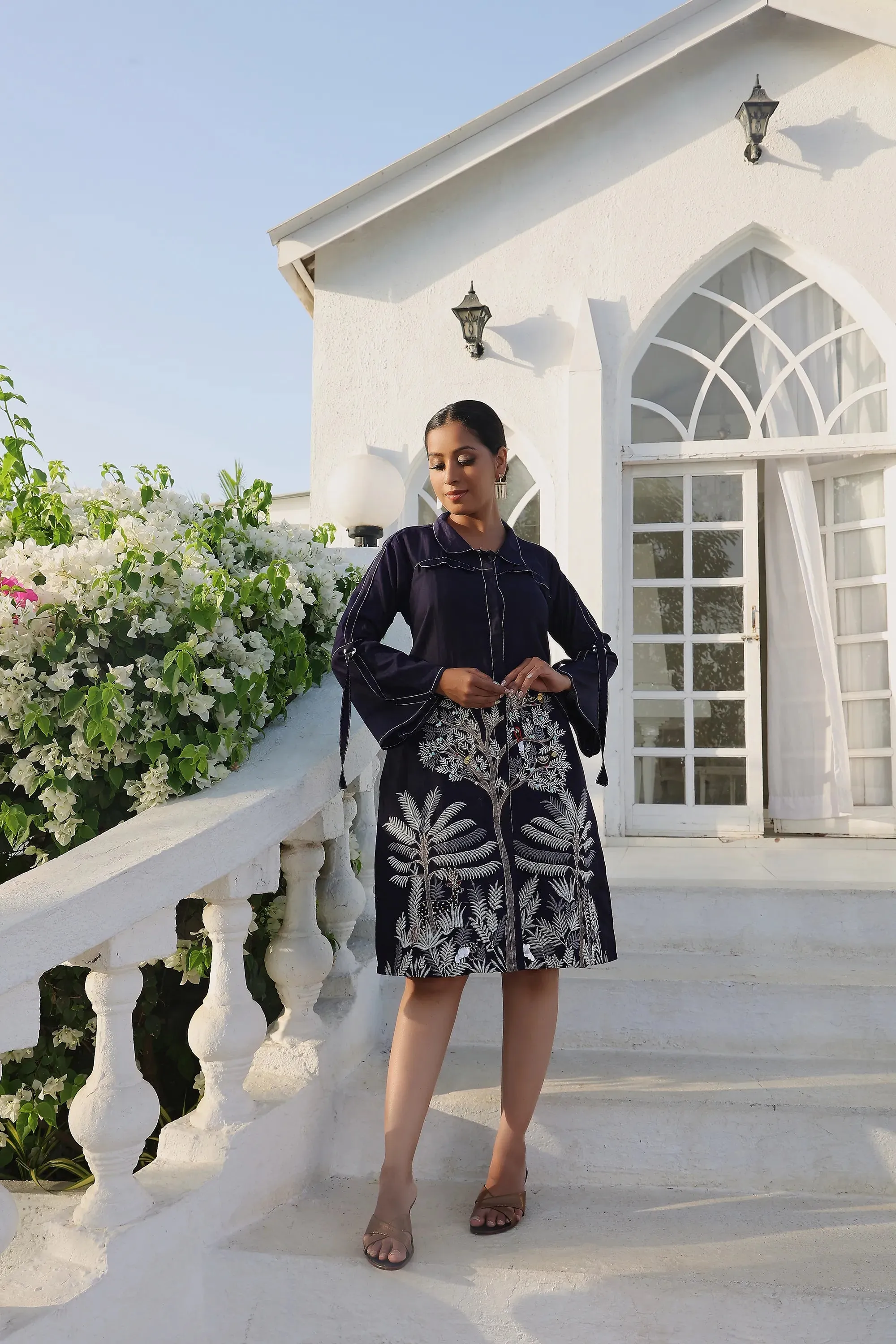 Dark Blue Embroidered A Line Shirt Dress