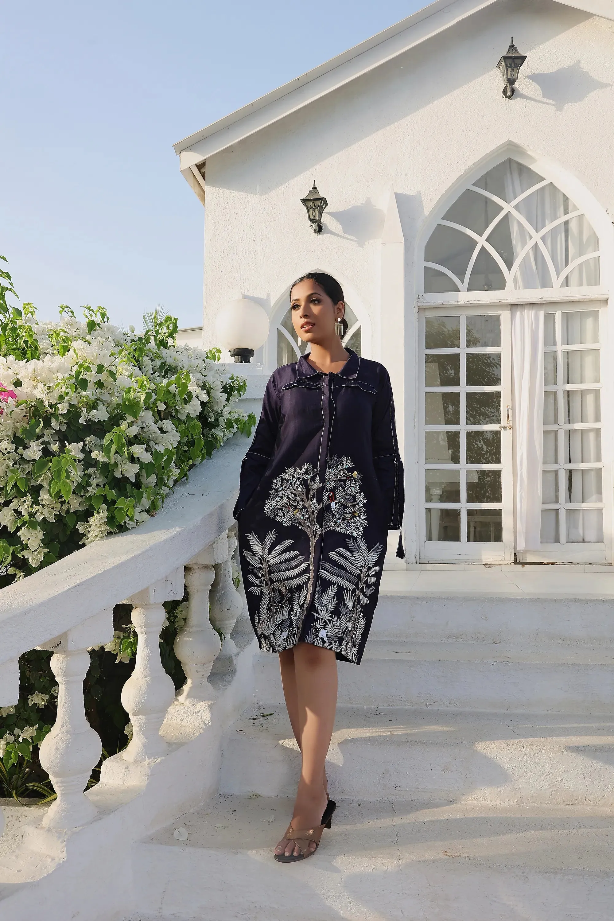 Dark Blue Embroidered A Line Shirt Dress