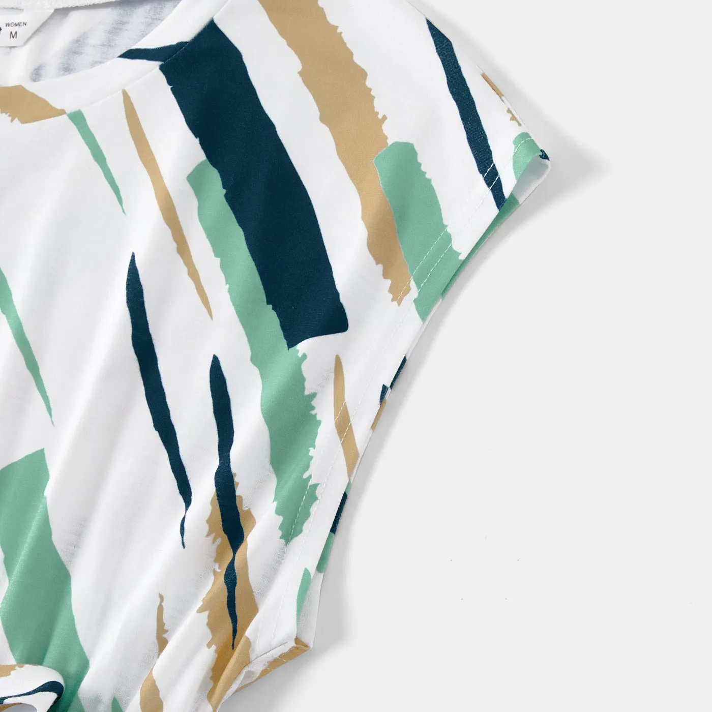 Family Matching Allover Geo Print Sleeveless Belted Dresses and Short-sleeve T-shirts Sets