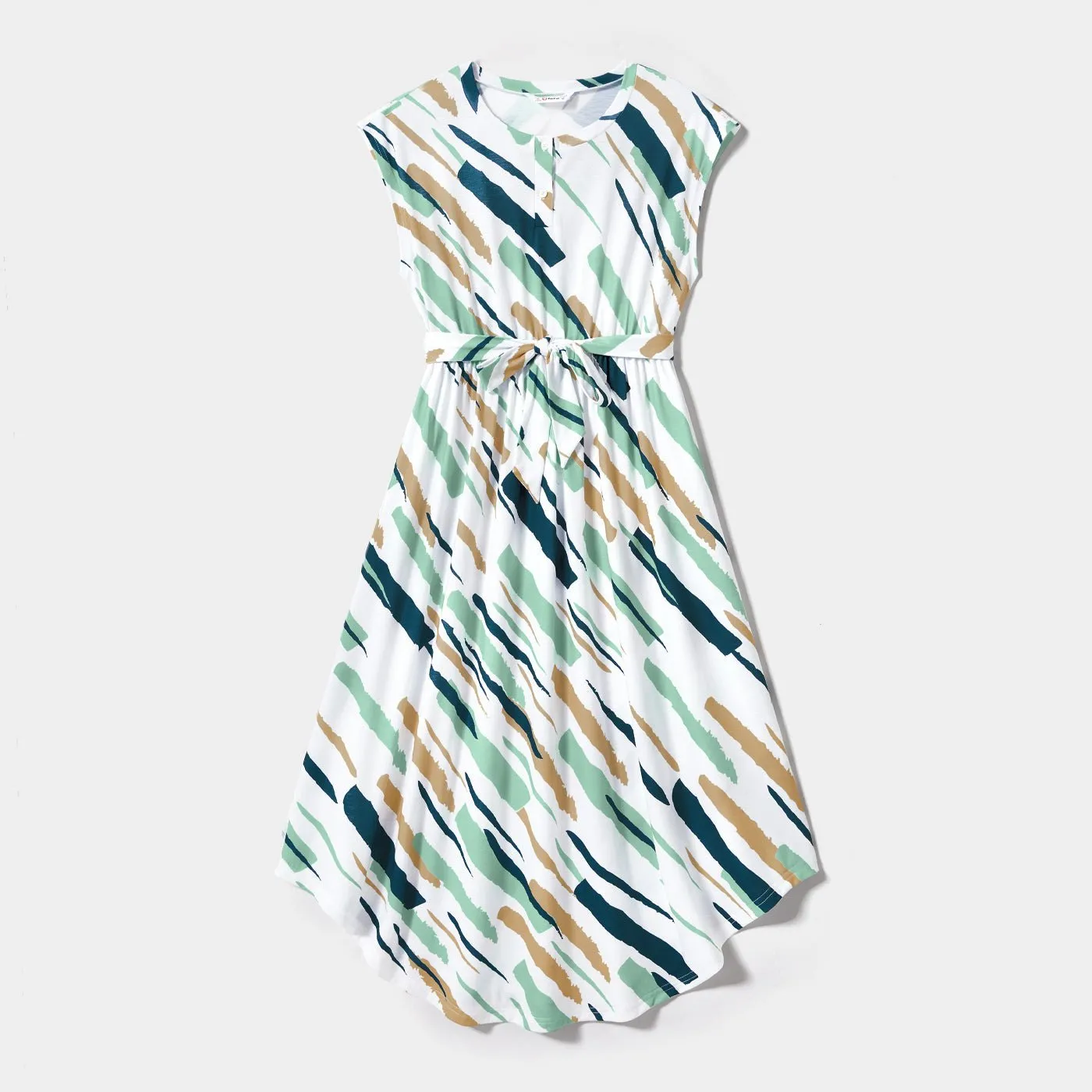 Family Matching Allover Geo Print Sleeveless Belted Dresses and Short-sleeve T-shirts Sets