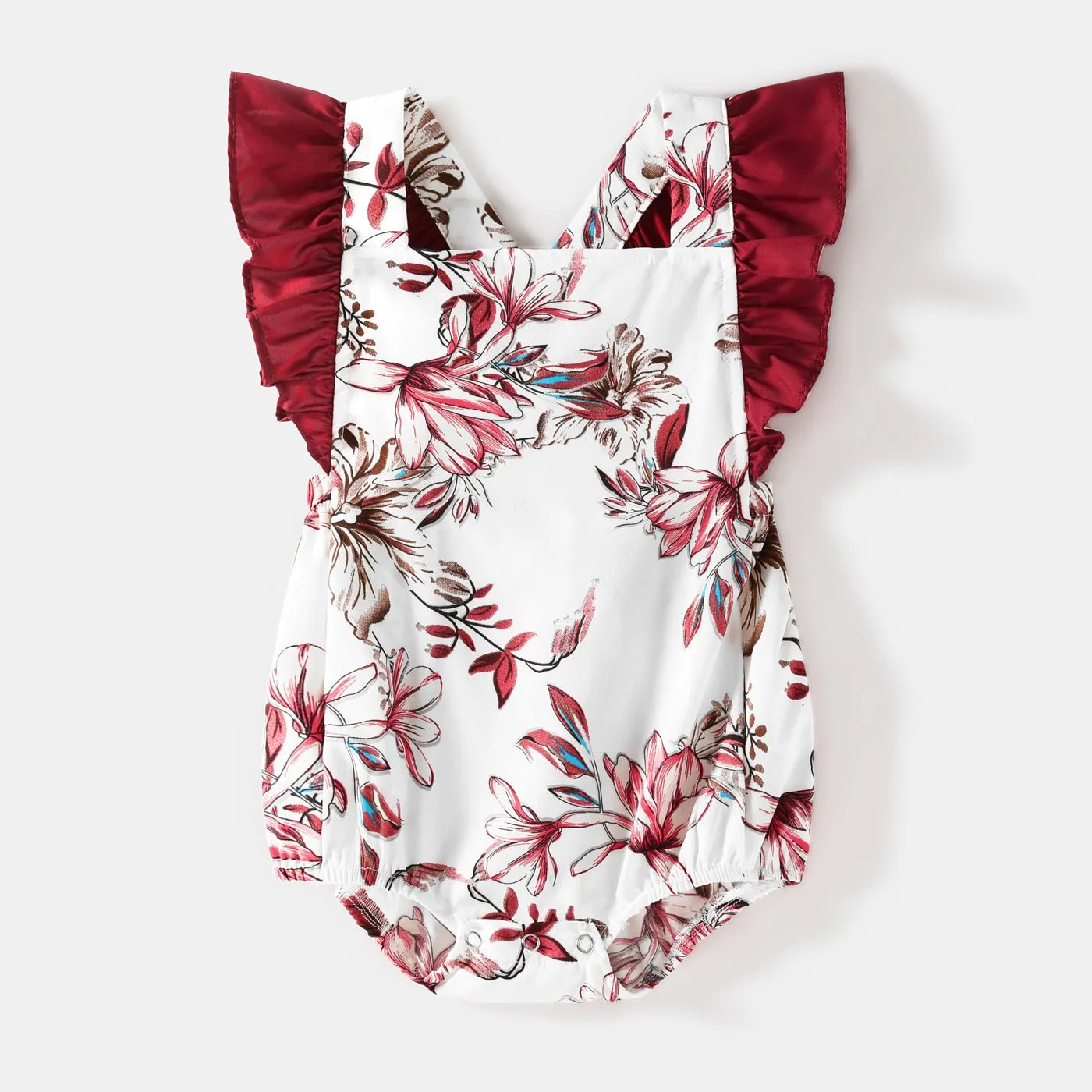Family Matching Solid V Neck Button Up Spaghetti Strap Splicing Floral Print Dresses and Short-sleeve T-shirts Sets