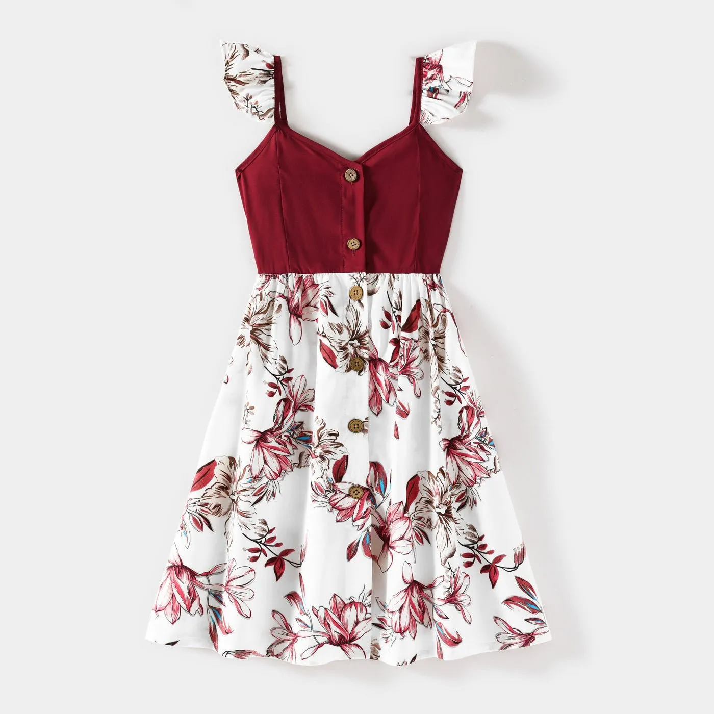 Family Matching Solid V Neck Button Up Spaghetti Strap Splicing Floral Print Dresses and Short-sleeve T-shirts Sets