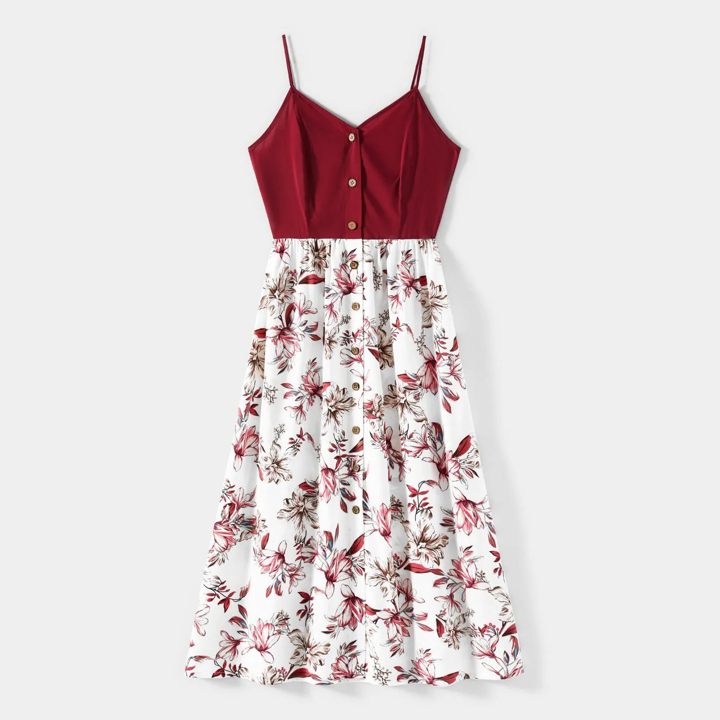 Family Matching Solid V Neck Button Up Spaghetti Strap Splicing Floral Print Dresses and Short-sleeve T-shirts Sets
