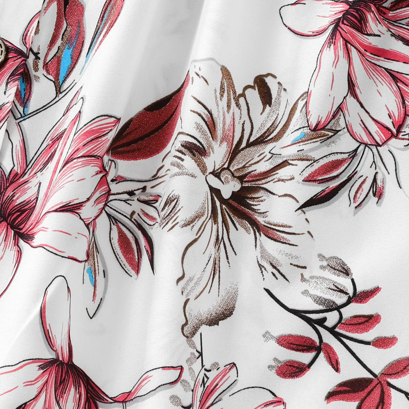 Family Matching Solid V Neck Button Up Spaghetti Strap Splicing Floral Print Dresses and Short-sleeve T-shirts Sets