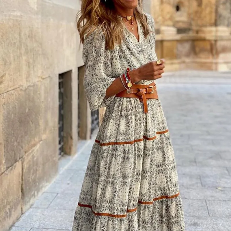 Fashion v neck printed belted vacation dress