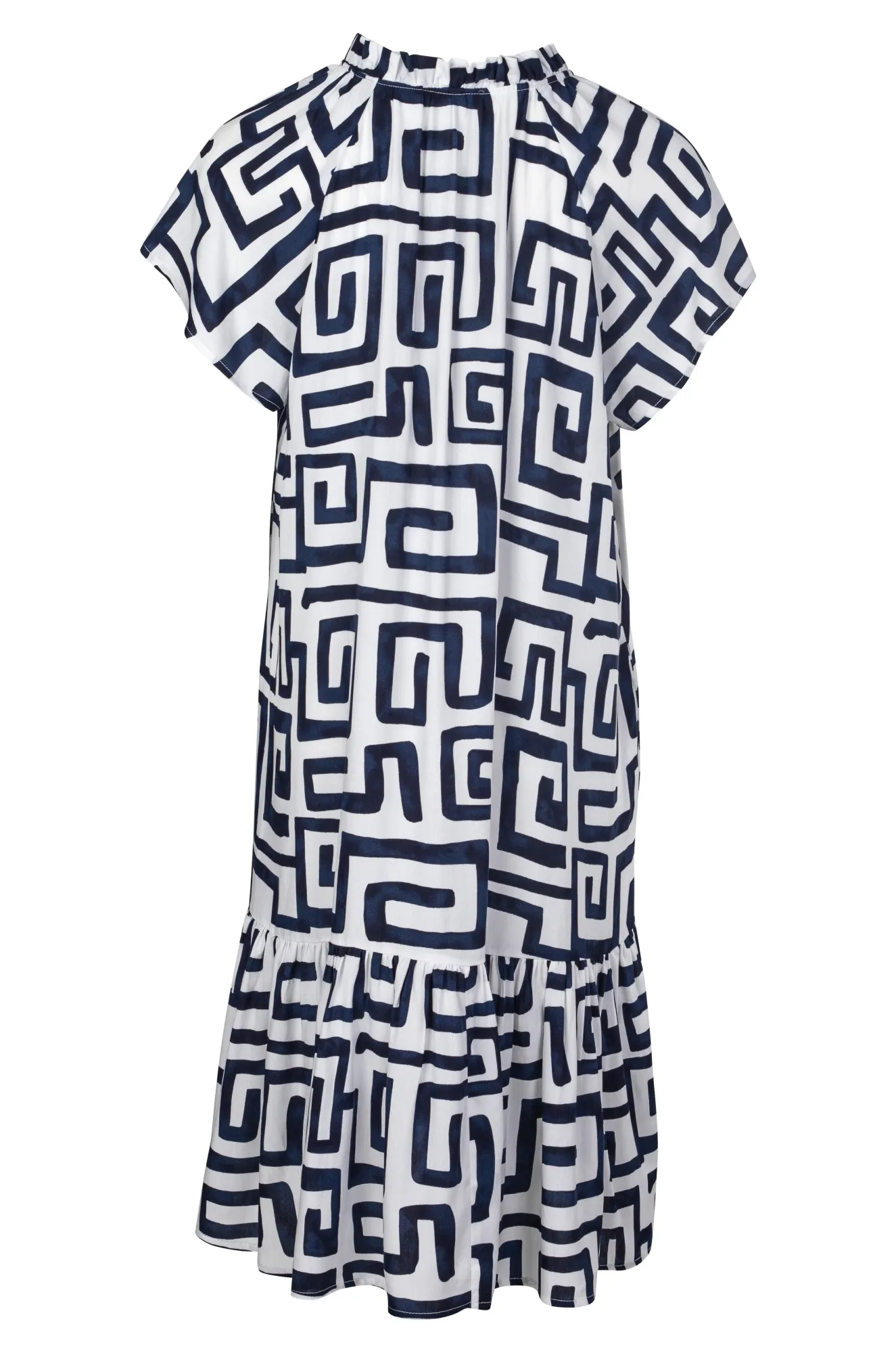 Frill neck Dress with hem tier | Navy White Geo | 3350A1