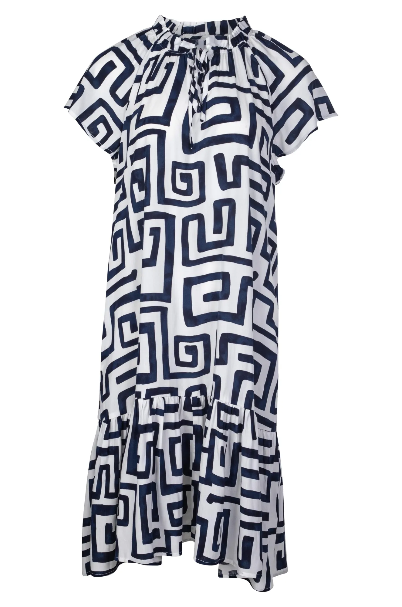 Frill neck Dress with hem tier | Navy White Geo | 3350A1
