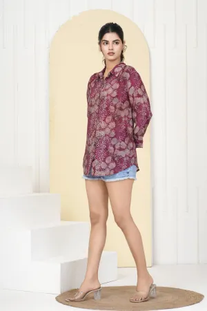 Fuchsia Pink Printed Rhinestone Detail Cotton Shirt
