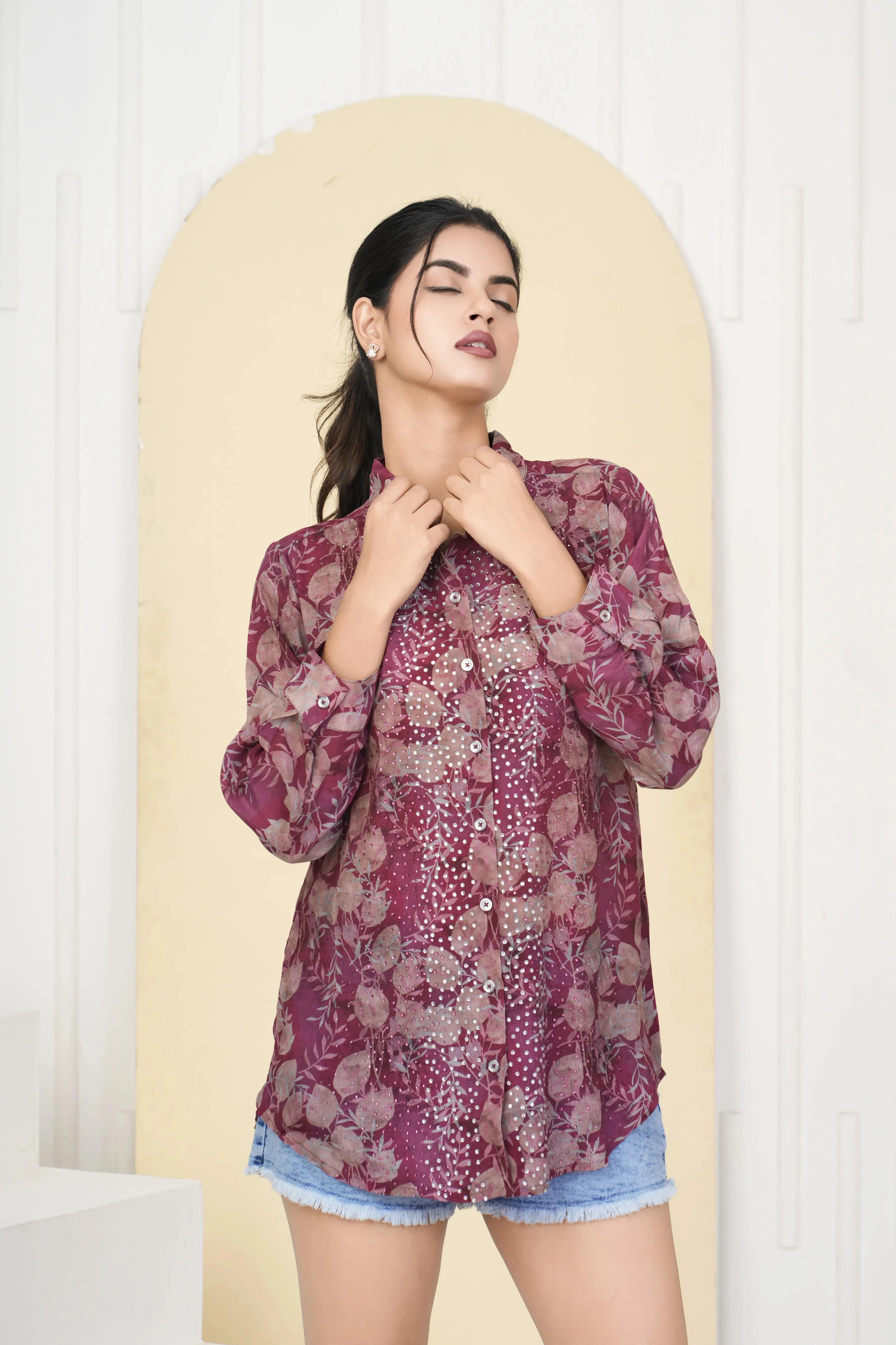 Fuchsia Pink Printed Rhinestone Detail Cotton Shirt